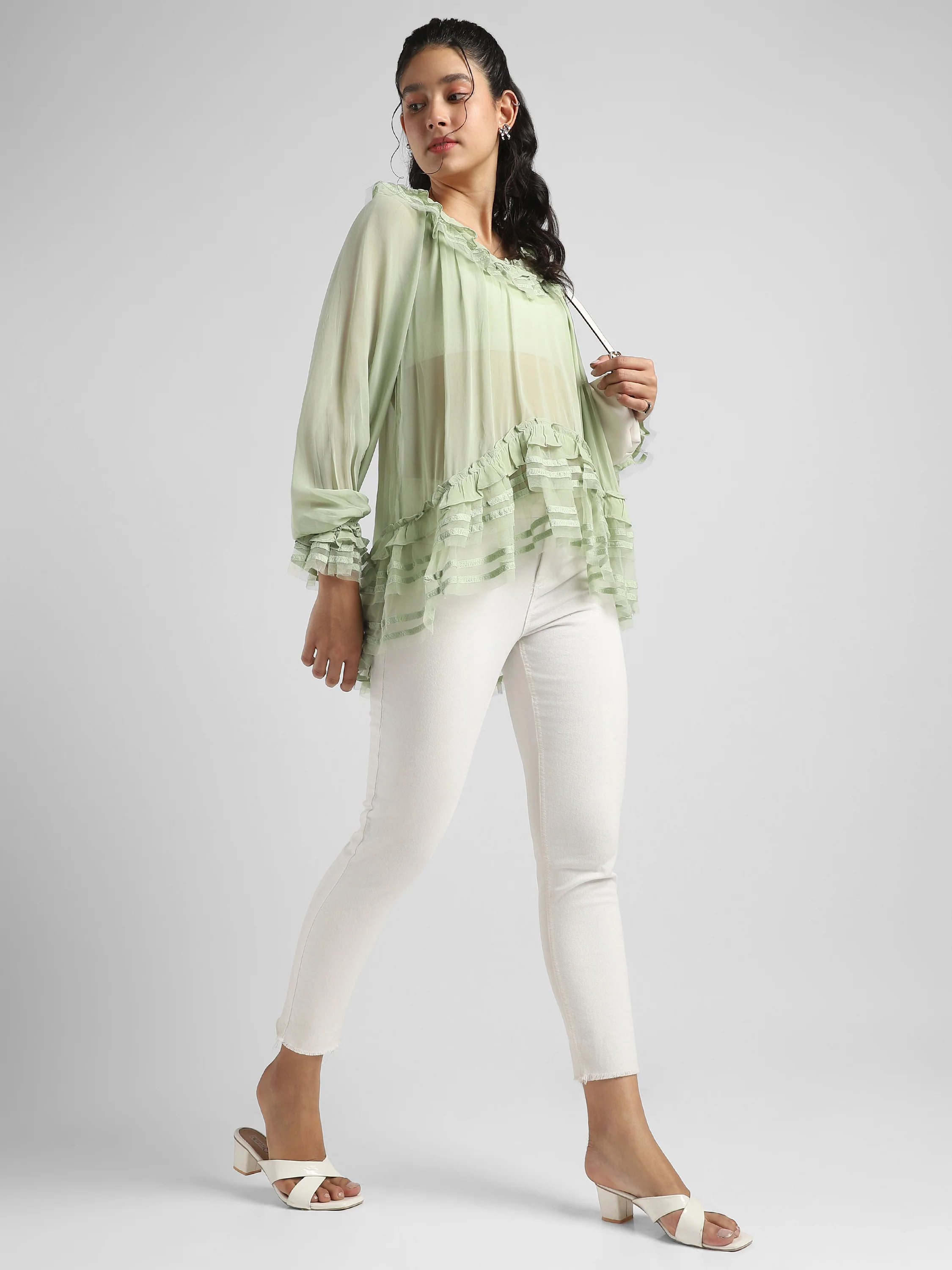 Women Green Frilled high low hem top - Image 4