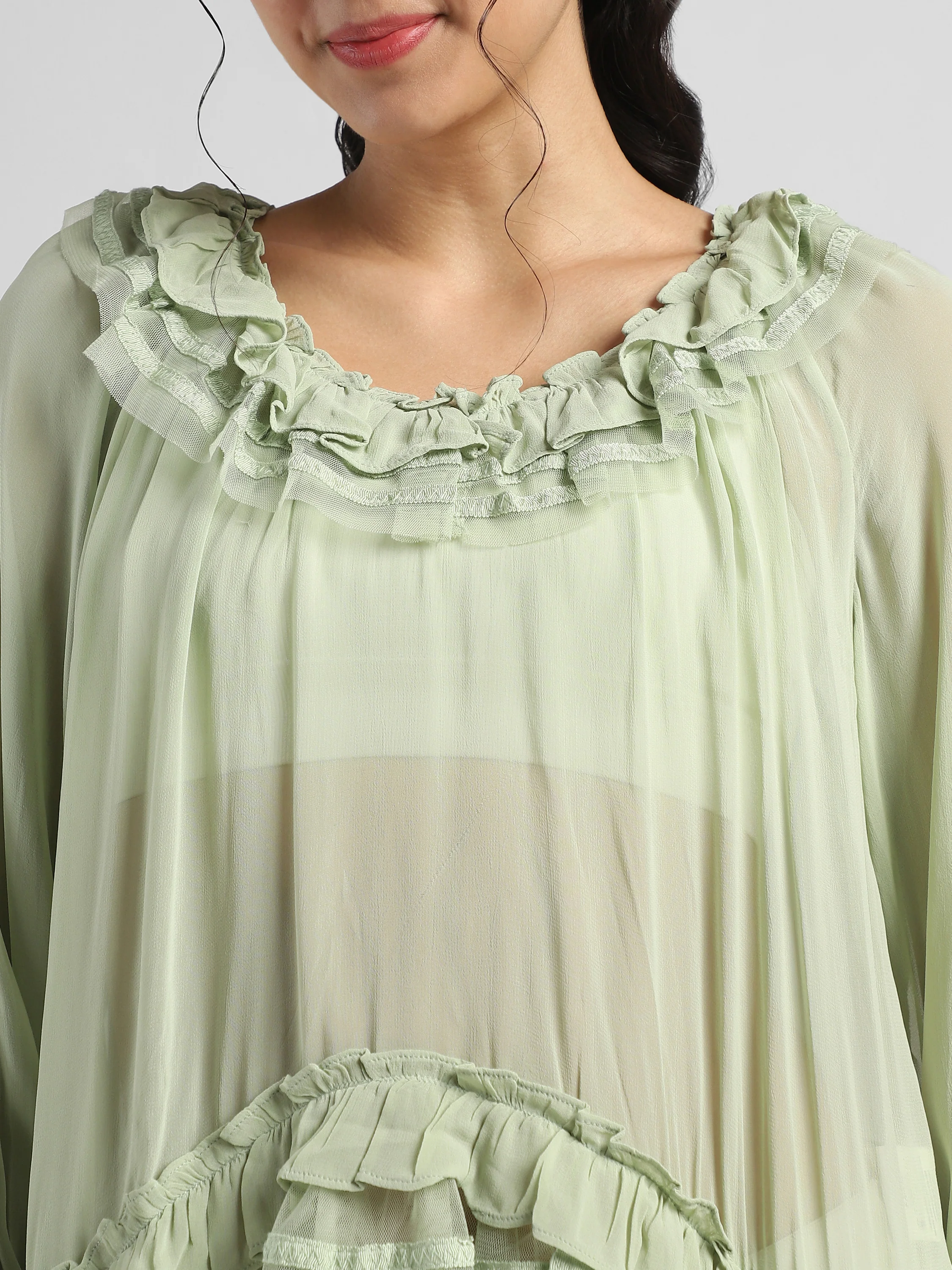 Women Green Frilled high low hem top - Image 5