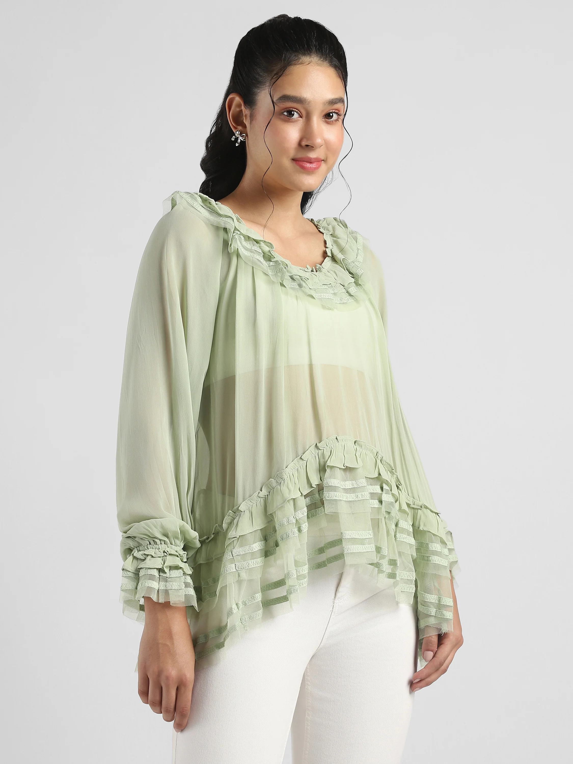 Women Green Frilled high low hem top - Image 6