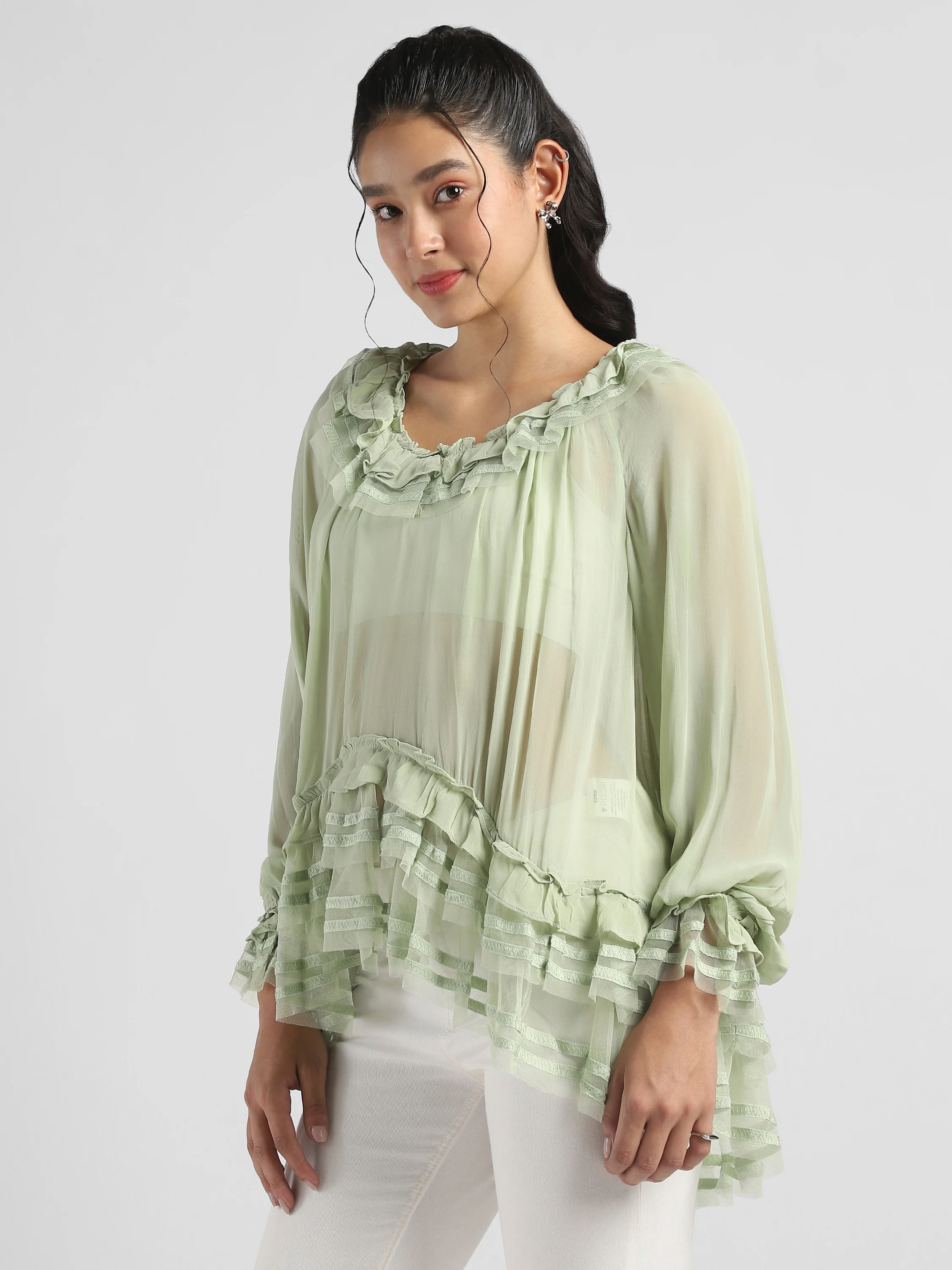 Women Green Frilled high low hem top - Image 7