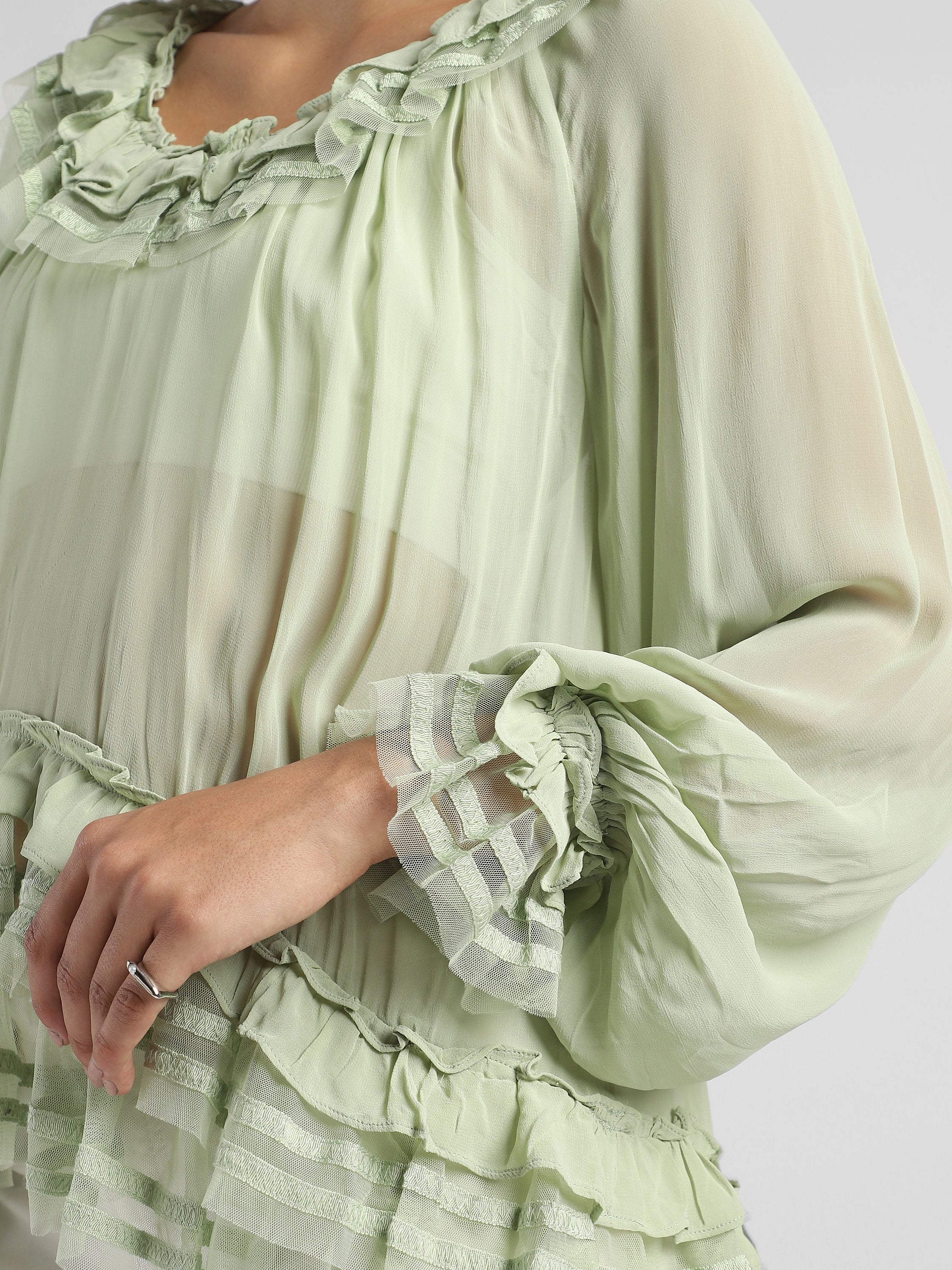 Women Green Frilled high low hem top - Image 8