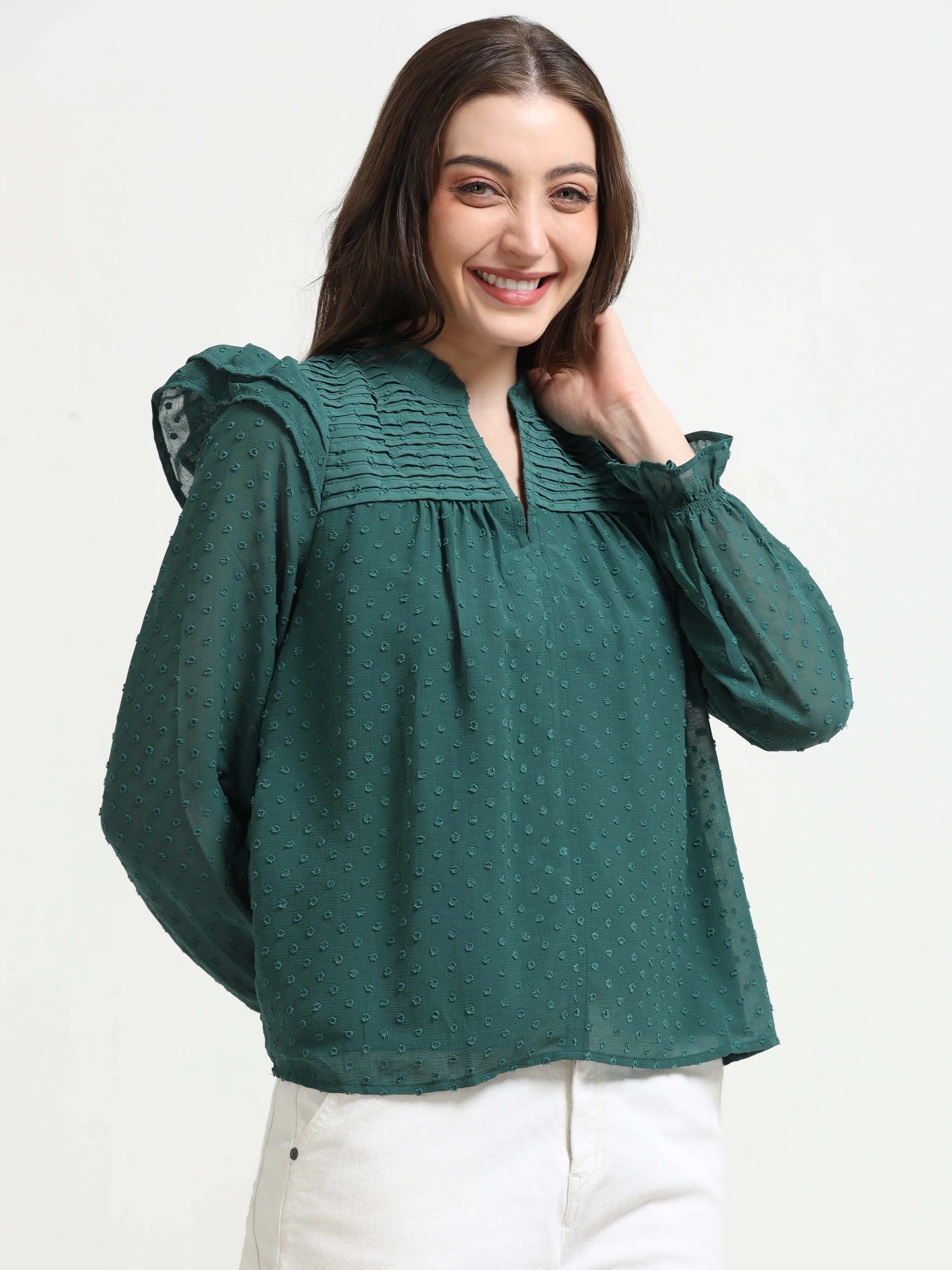 Women Green Frilled & Pleated Top - Image 2