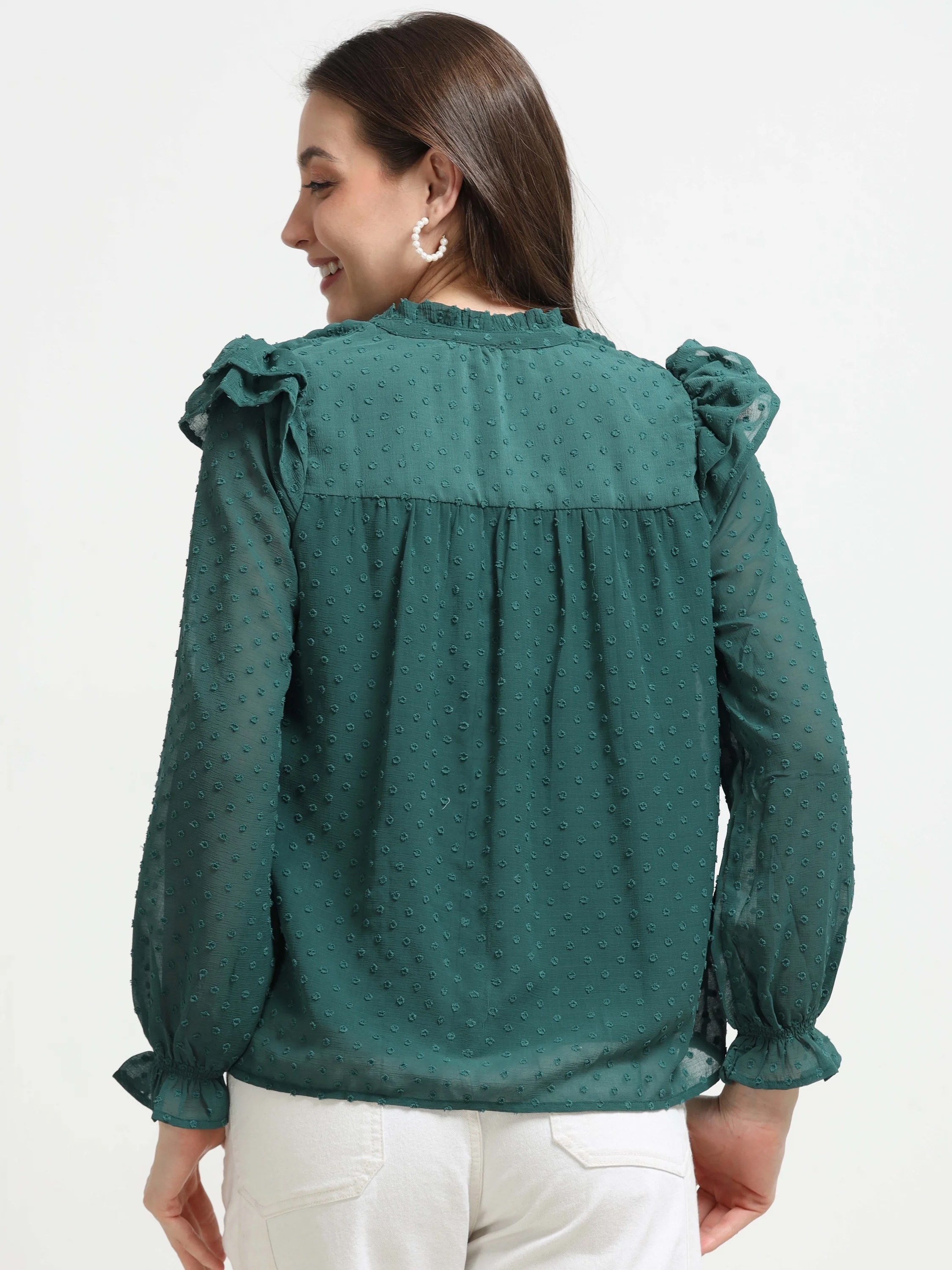 Women Green Frilled & Pleated Top - Image 3