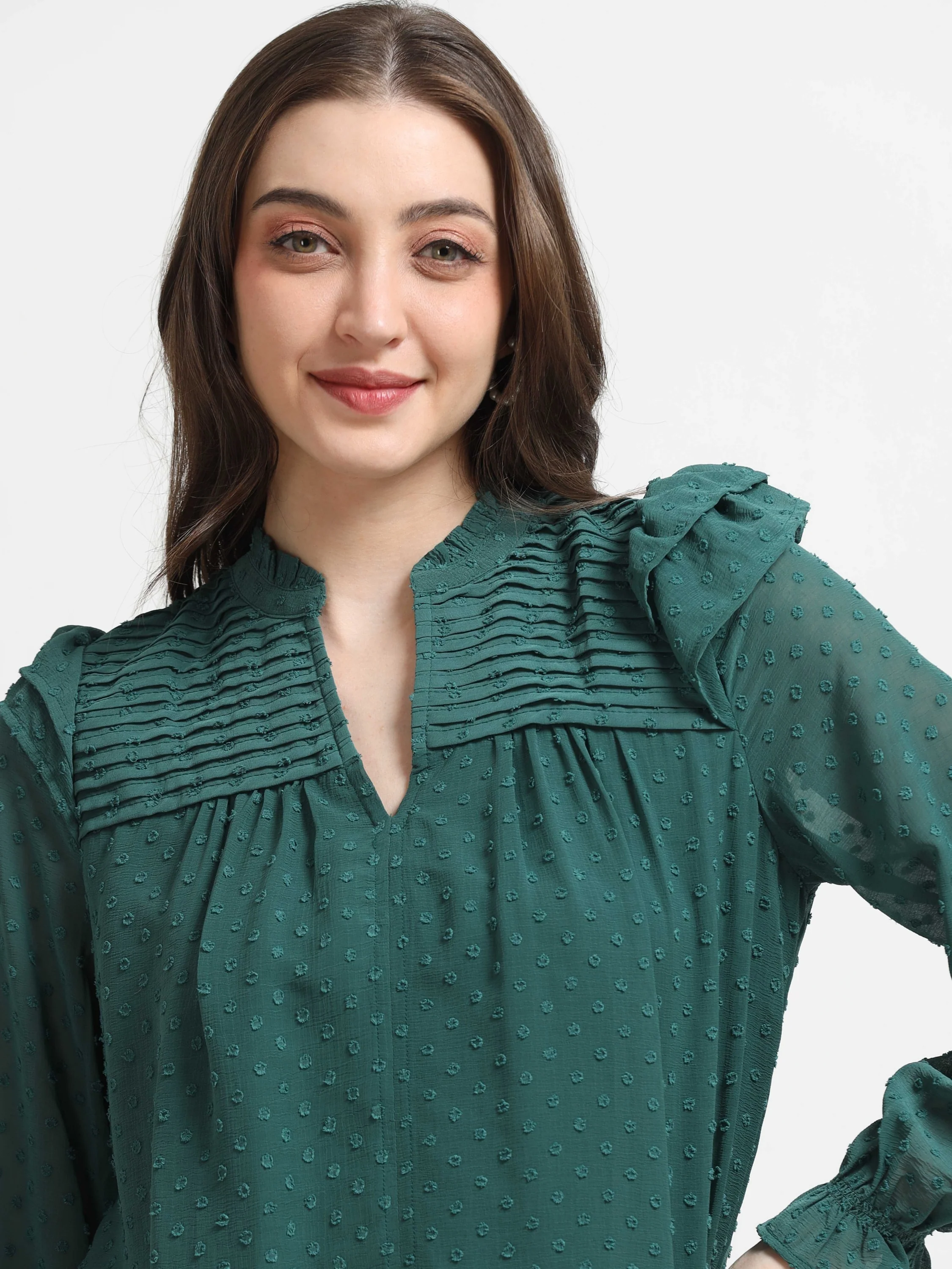 Women Green Frilled & Pleated Top - Image 4