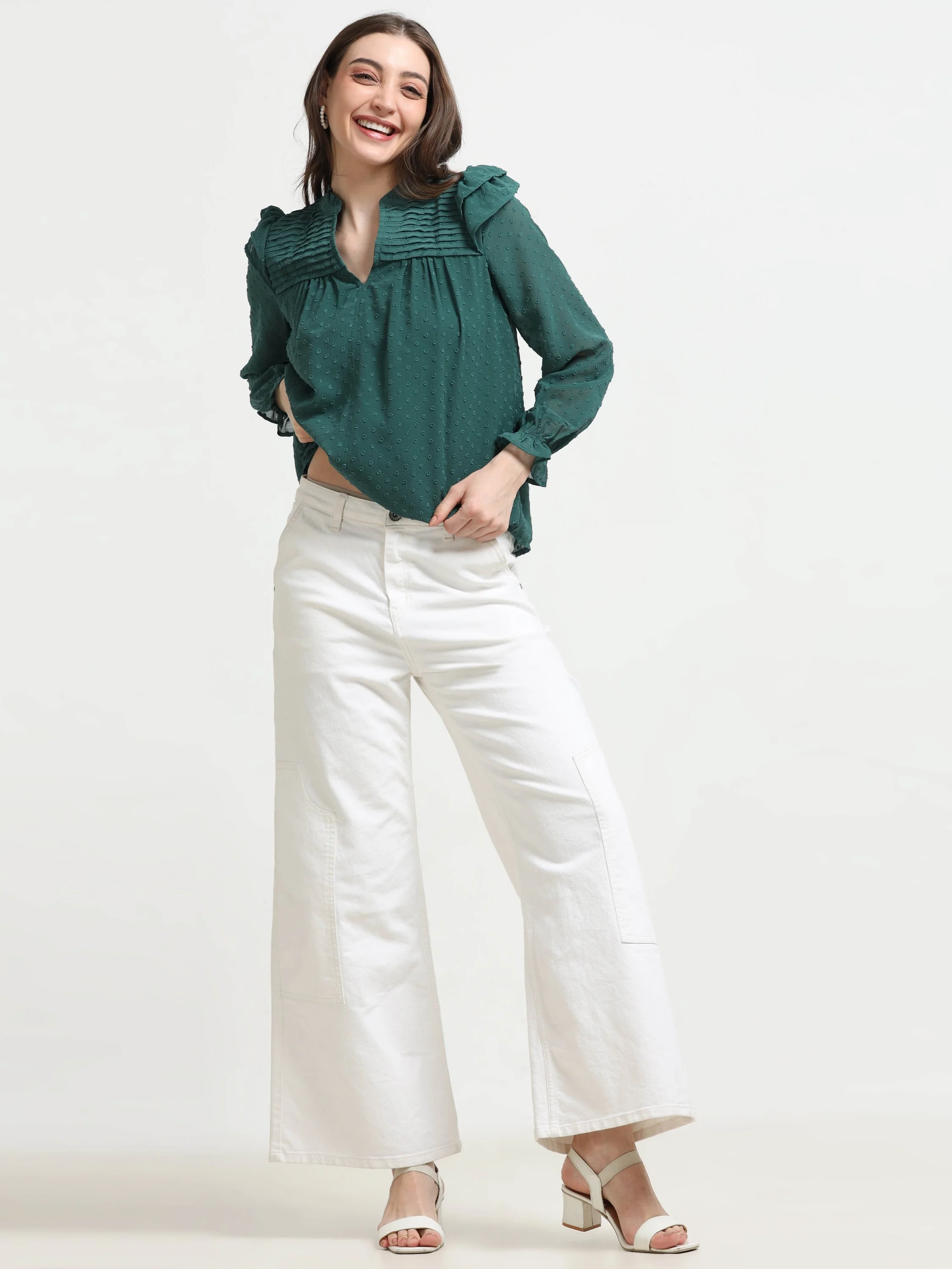 Women Green Frilled & Pleated Top - Image 5