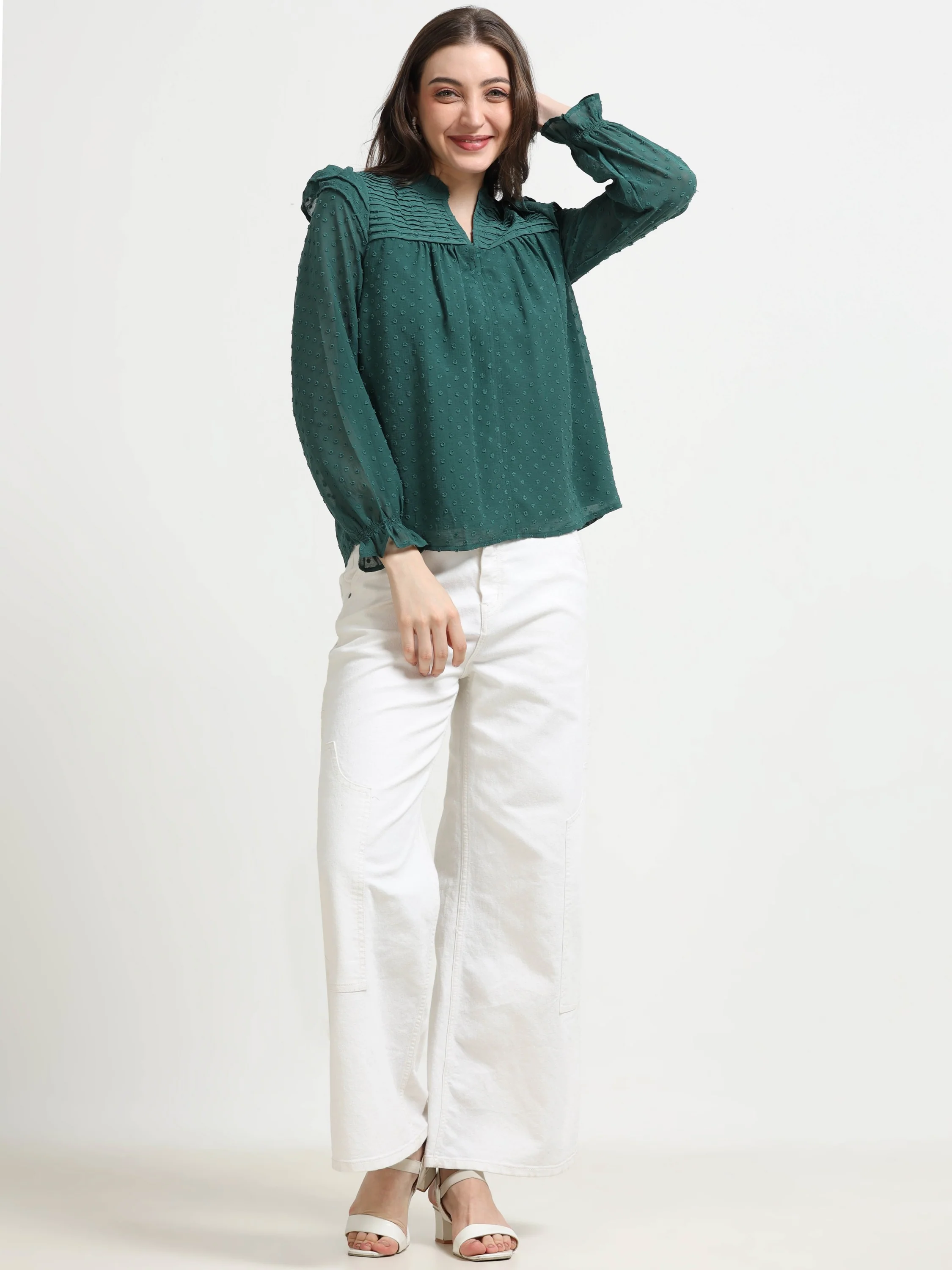 Women Green Frilled & Pleated Top - Image 6