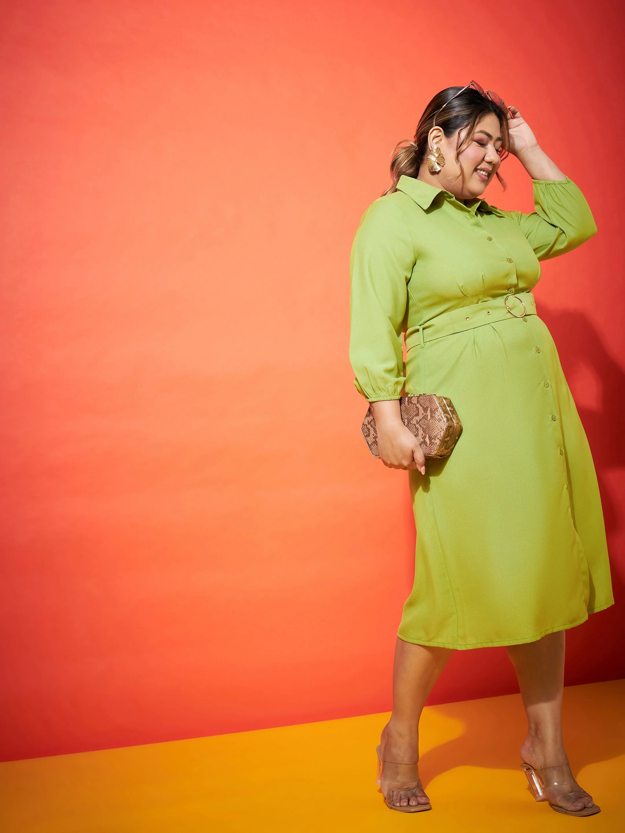 Women Green Front Button Shirt Dress - Image 2