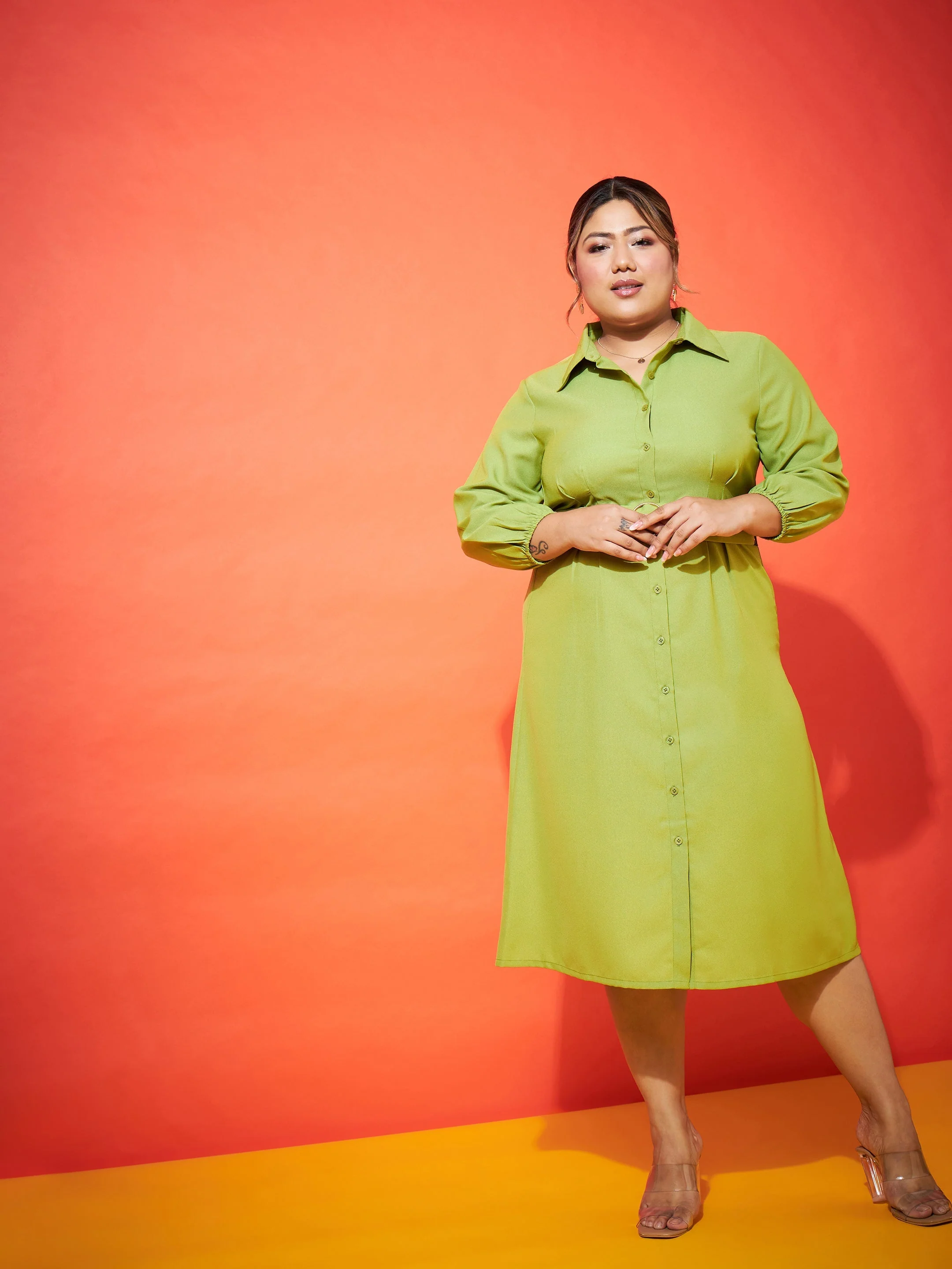 Women Green Front Button Shirt Dress - Image 3