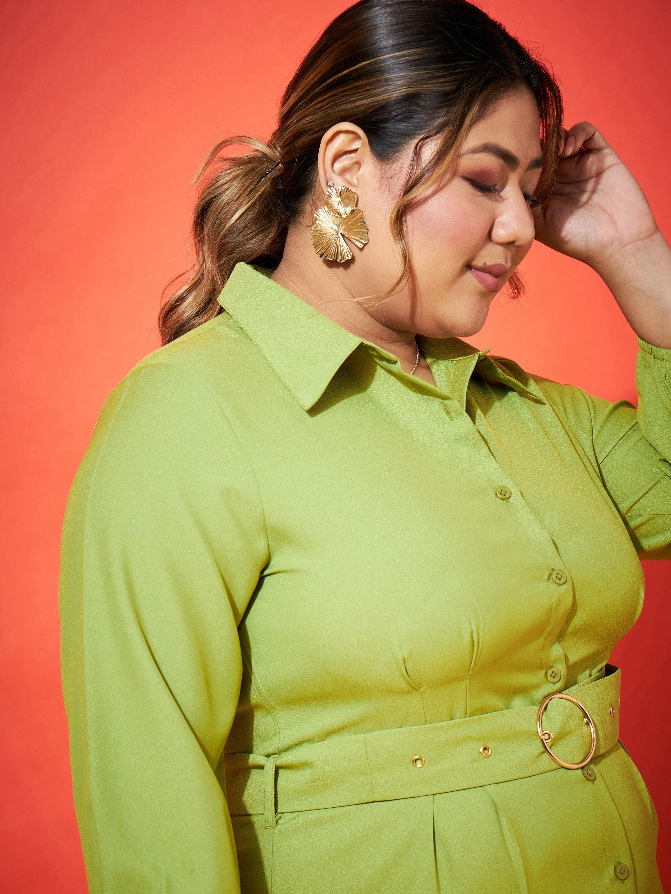 Women Green Front Button Shirt Dress - Image 4