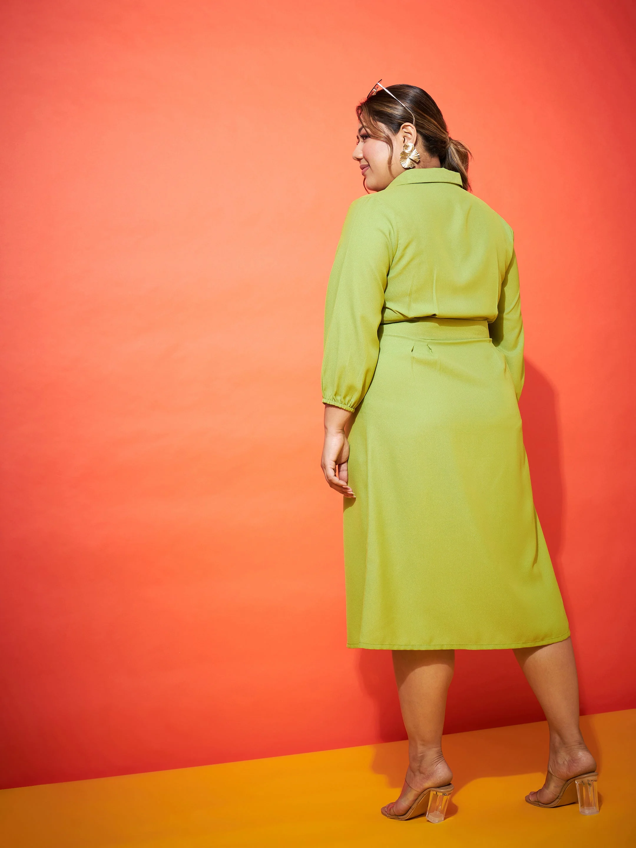 Women Green Front Button Shirt Dress - Image 5