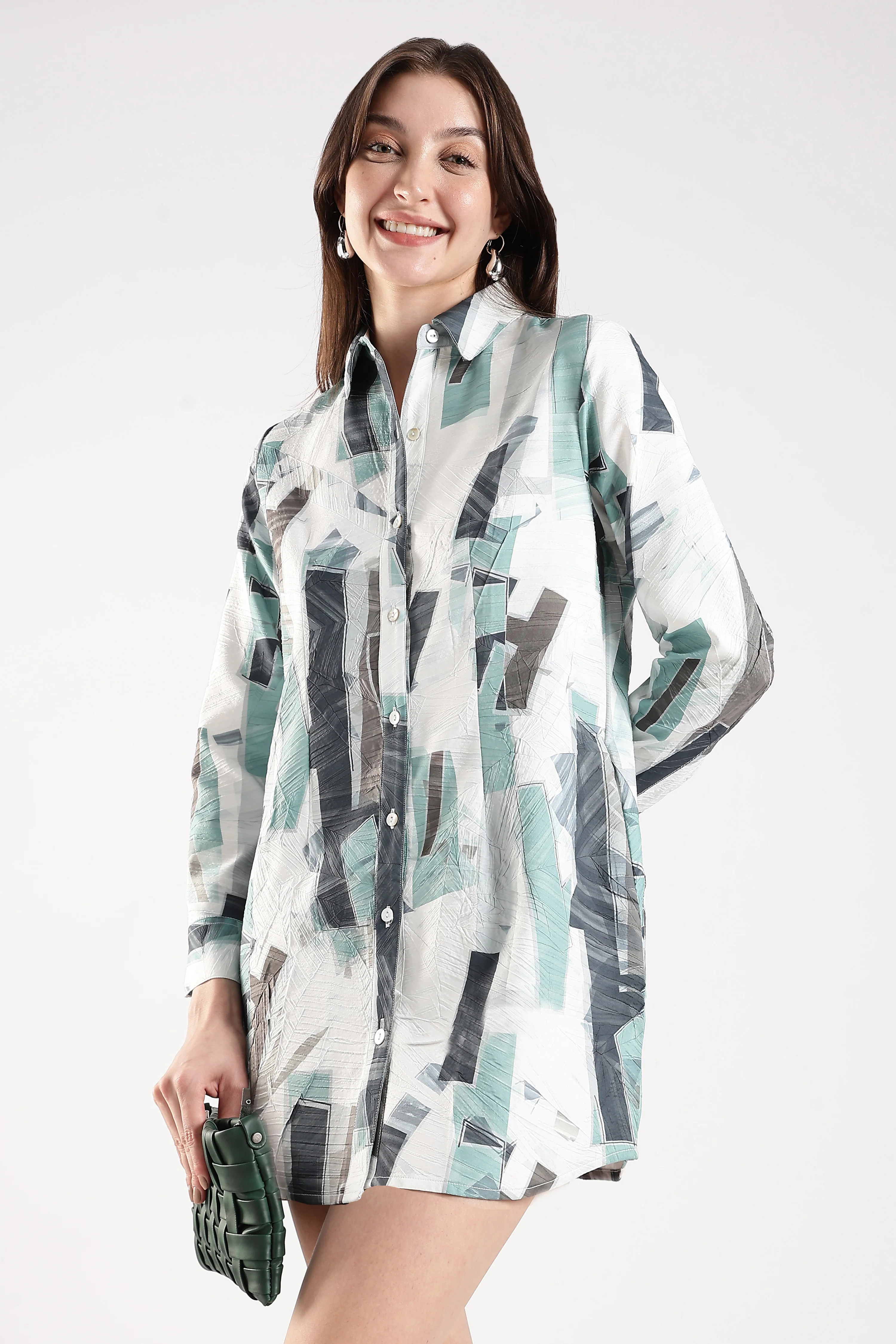 Women Green Full Sleeves Shirt Dress - Image 5