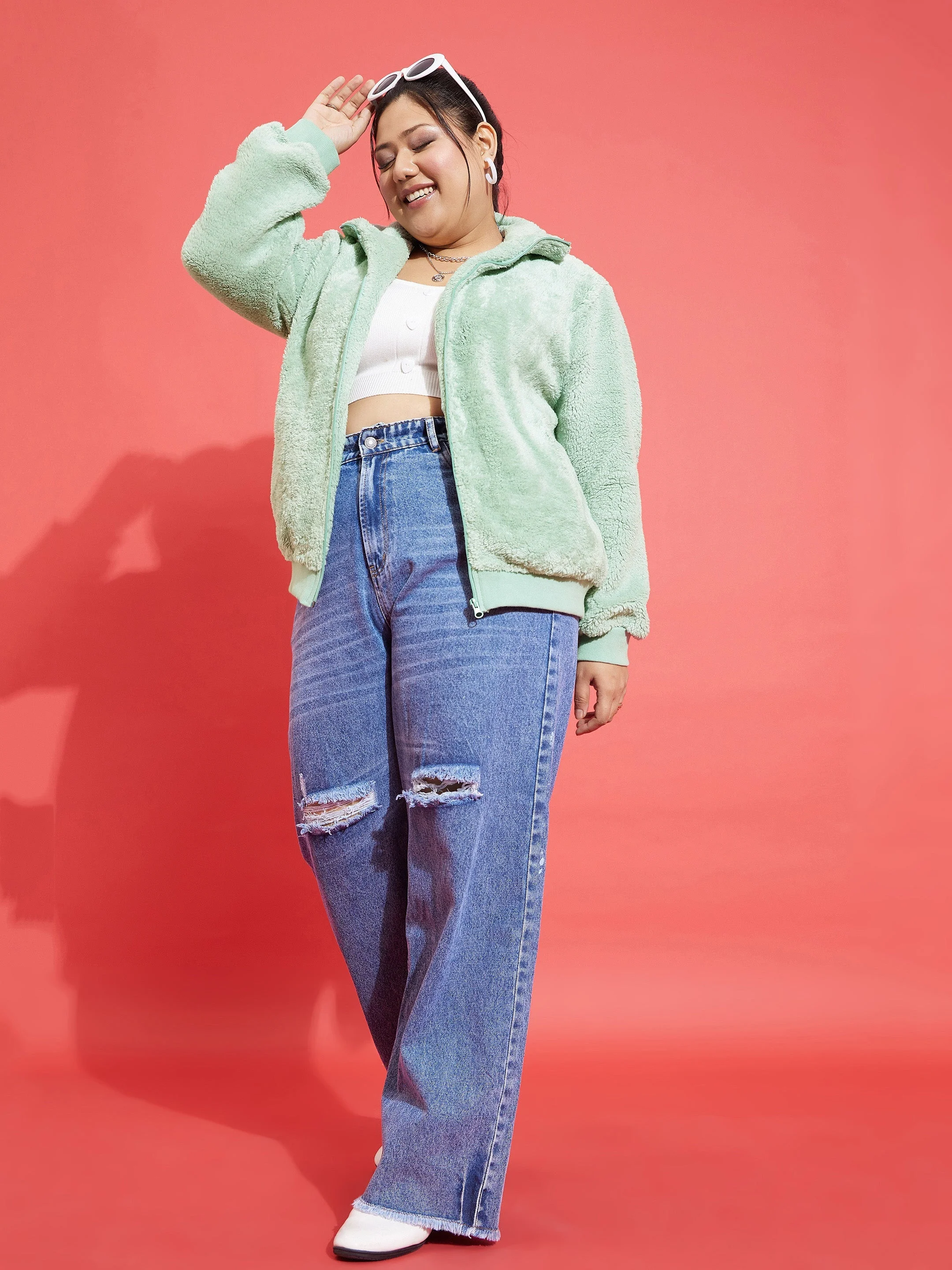 Women Green Fur Metal Zipper Jacket - Image 2