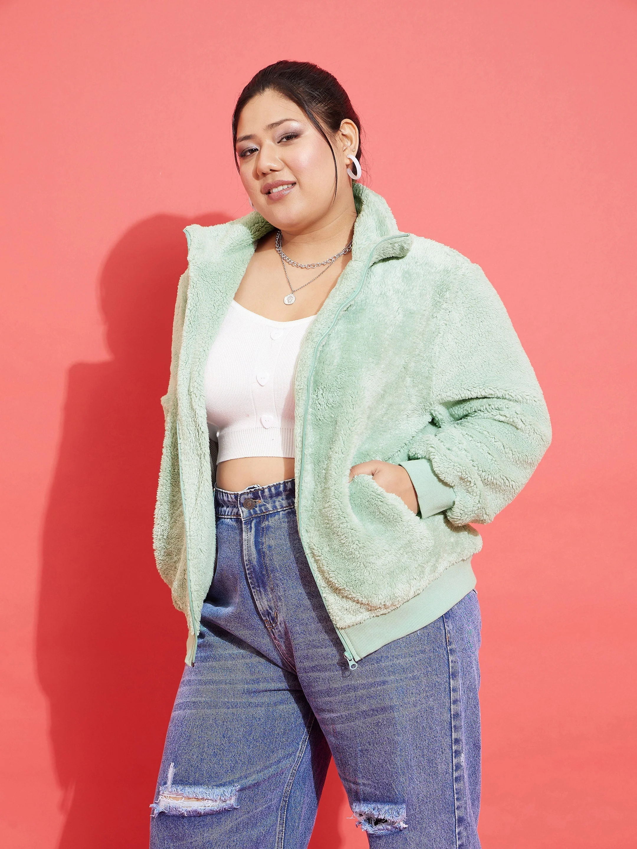 Women Green Fur Metal Zipper Jacket - Image 3