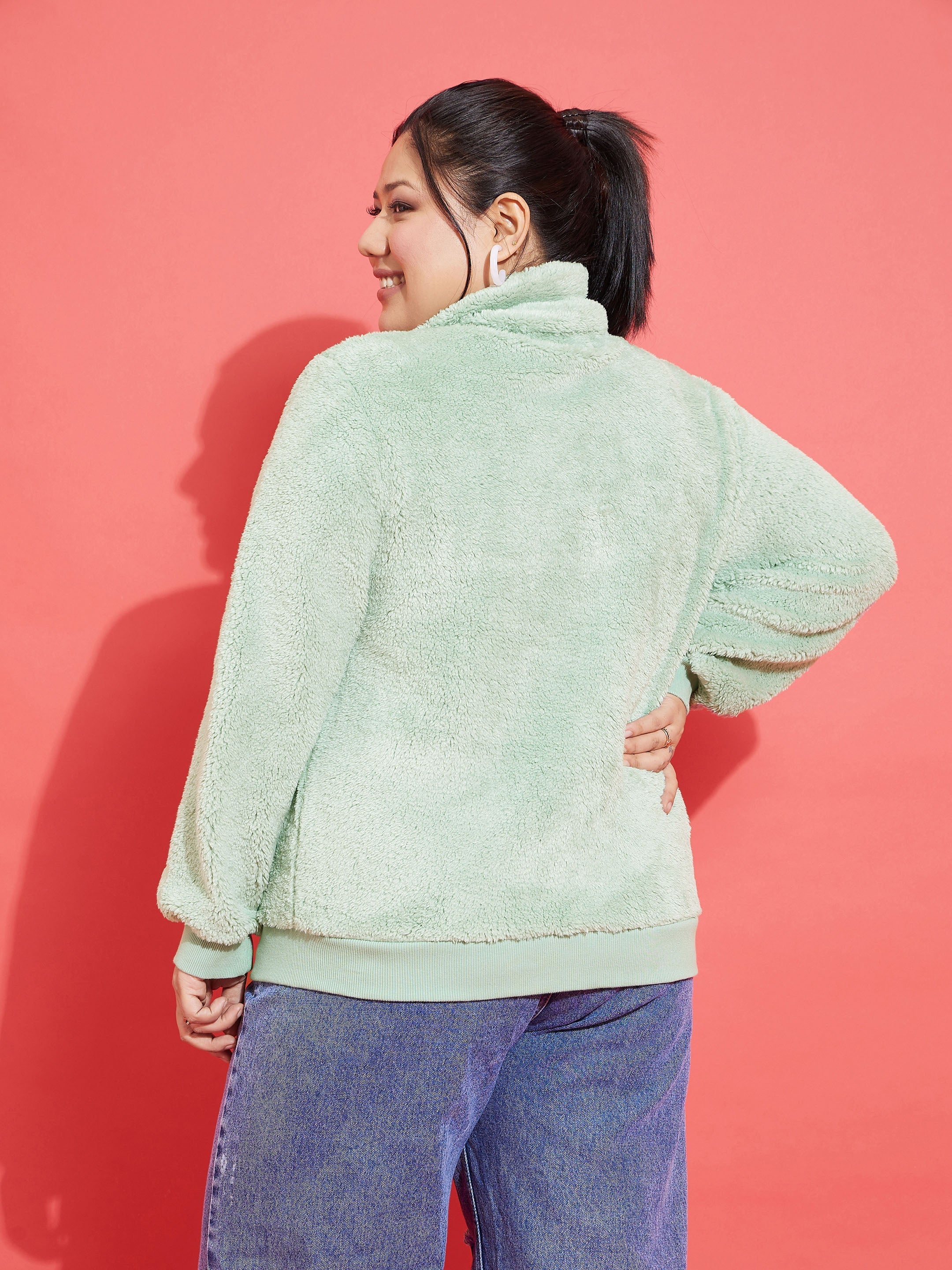 Women Green Fur Metal Zipper Jacket - Image 5