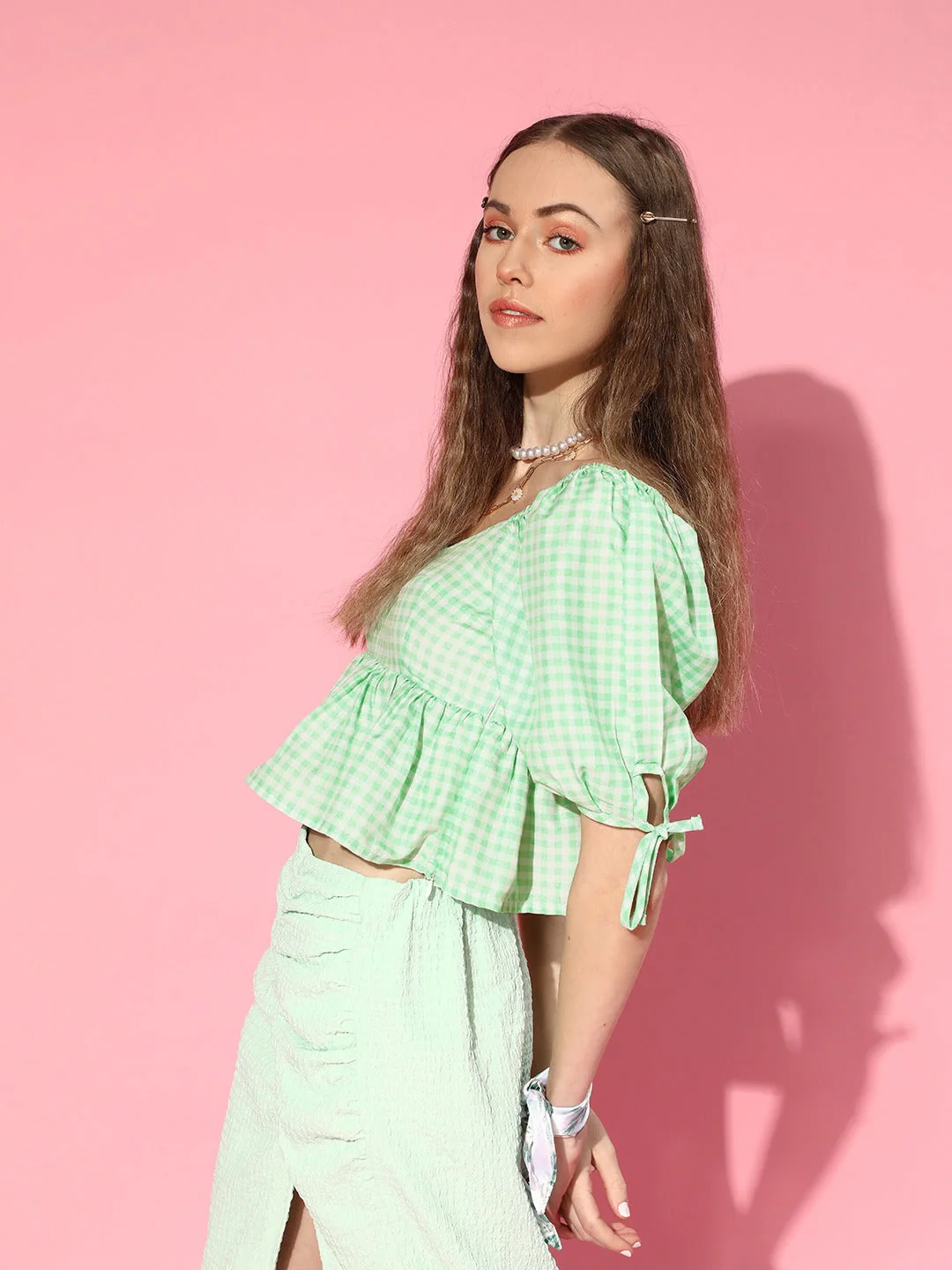 Women Green Gingham Check Peplum Crop Top - Image 3