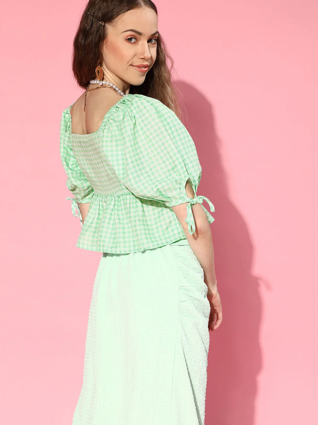 Women Green Gingham Check Peplum Crop Top - Image 4