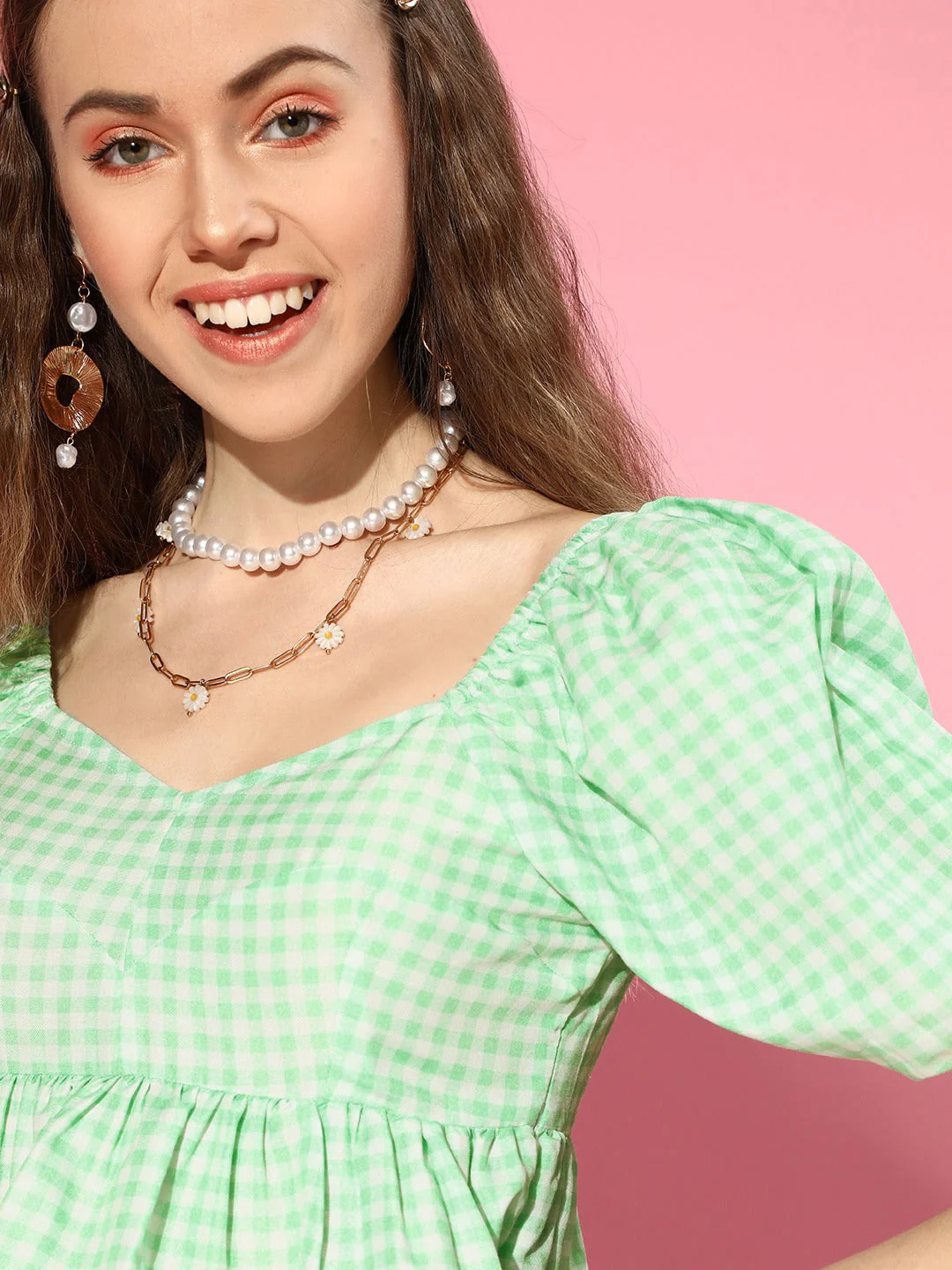 Women Green Gingham Check Peplum Crop Top - Image 5