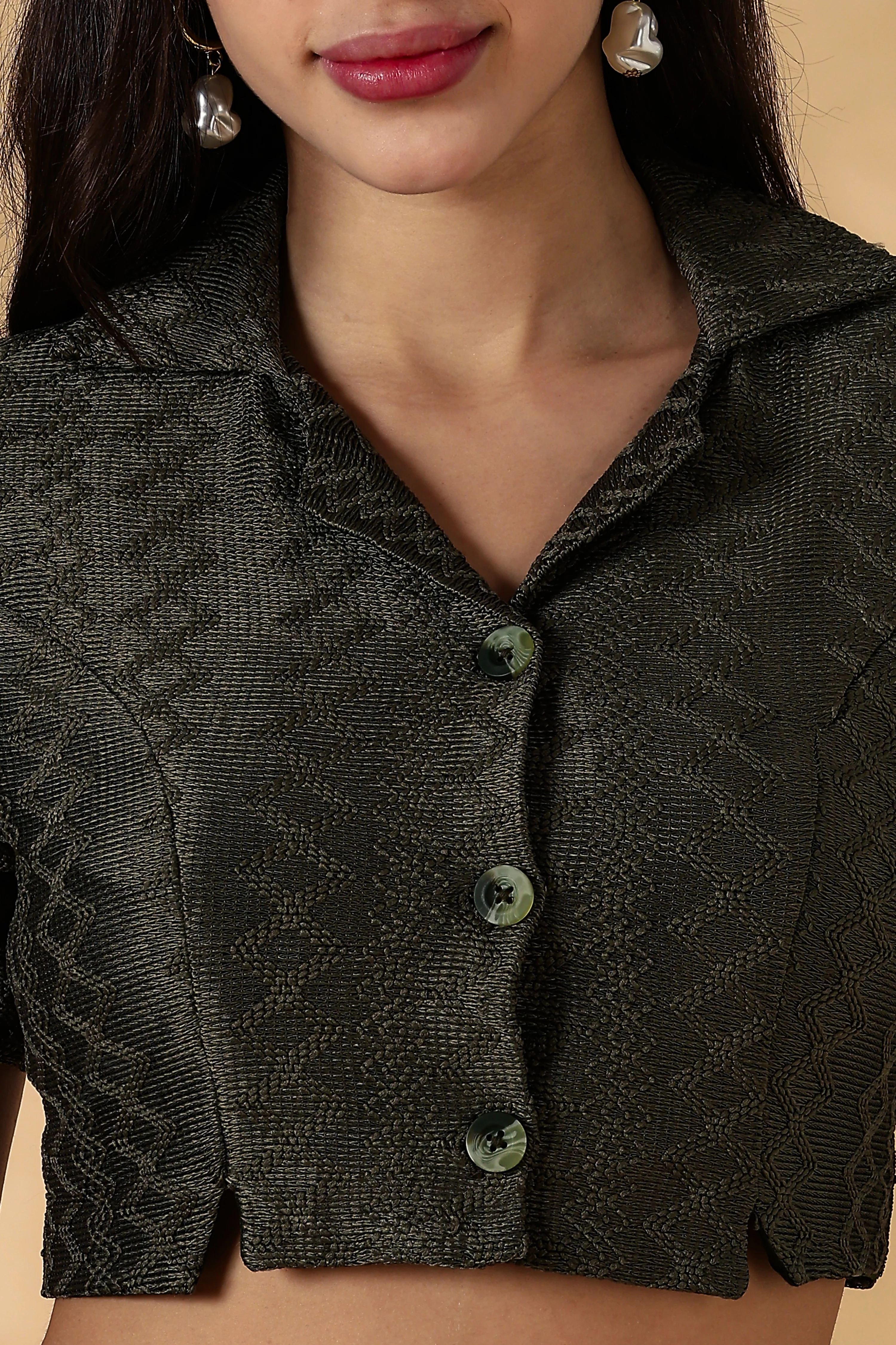 Women Green Knitted Camp Collar Top - Image 2