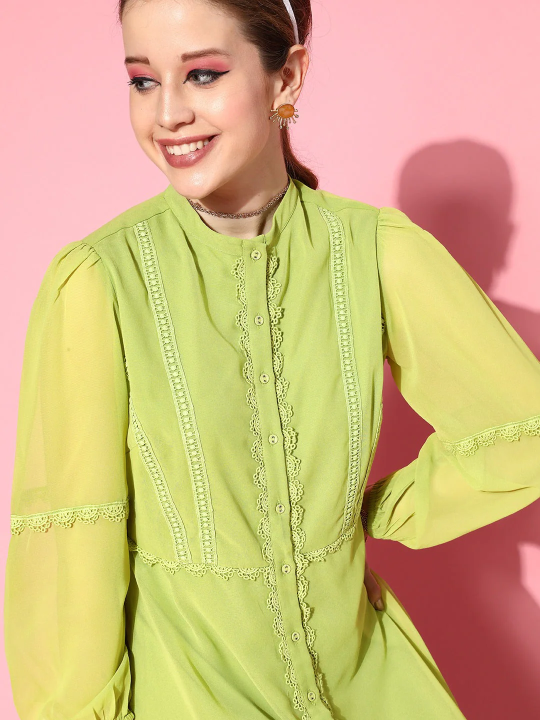 Women Green Lace Detail Dress - Image 4