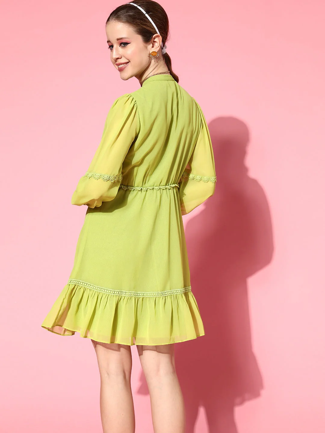 Women Green Lace Detail Dress - Image 5