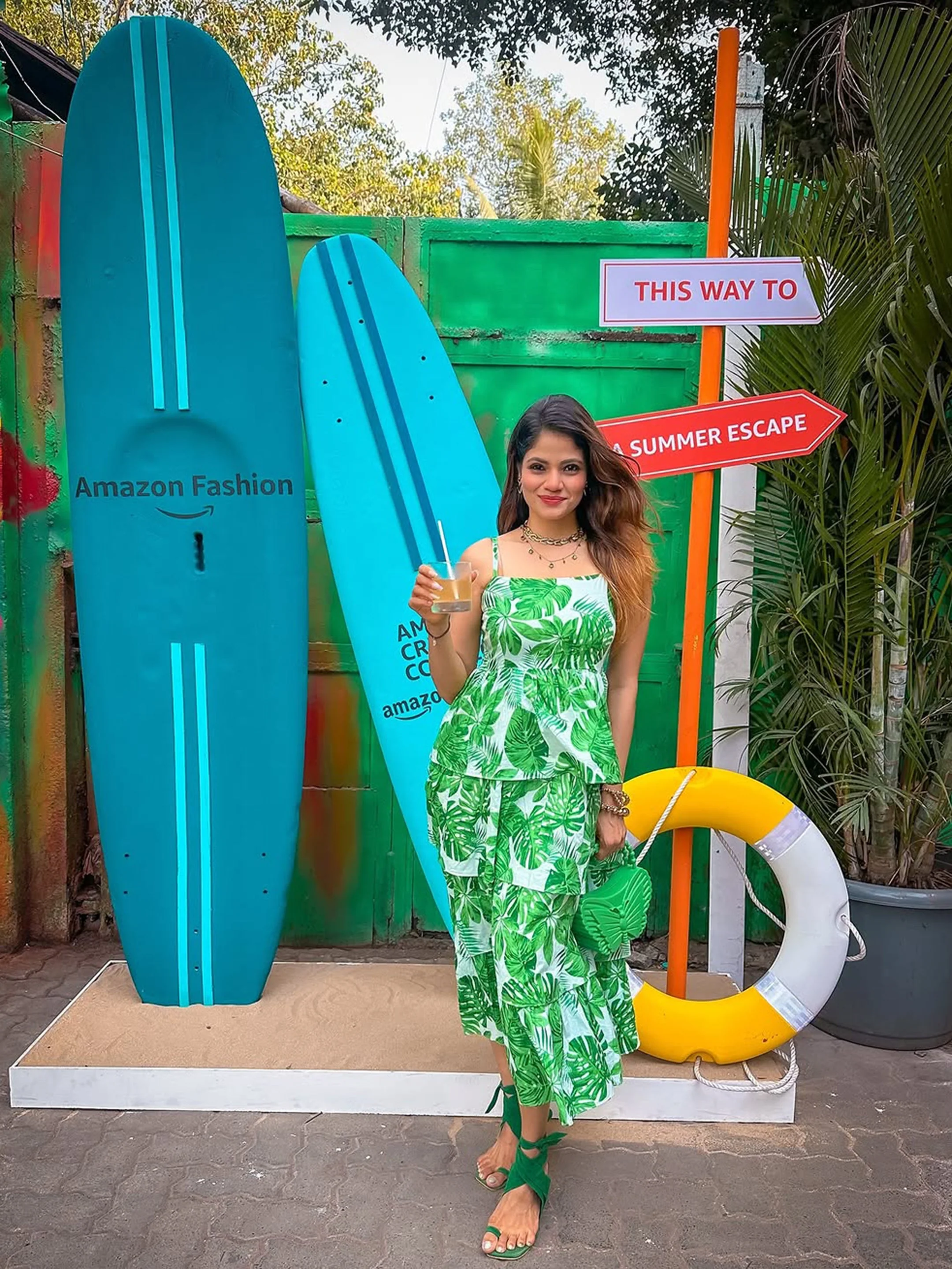 Women Green Leaf Printed Frill Strappy Midi Dress - Image 2