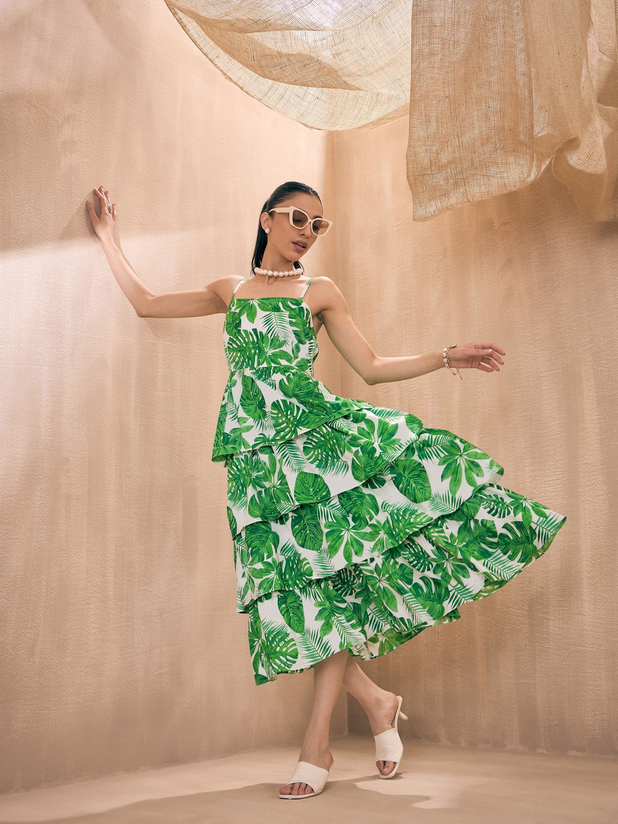Women Green Leaf Printed Frill Strappy Midi Dress - Image 3