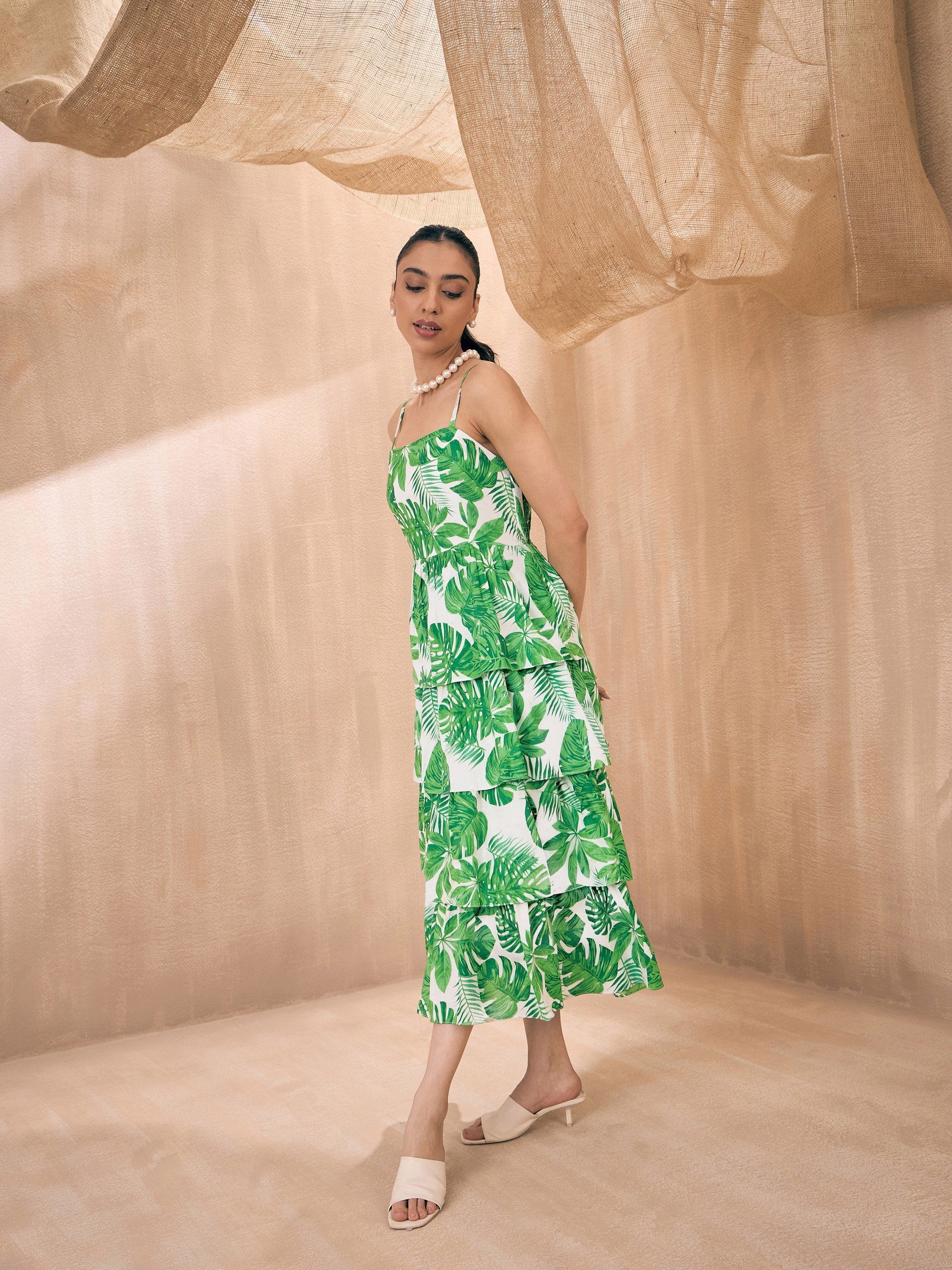 Women Green Leaf Printed Frill Strappy Midi Dress - Image 5
