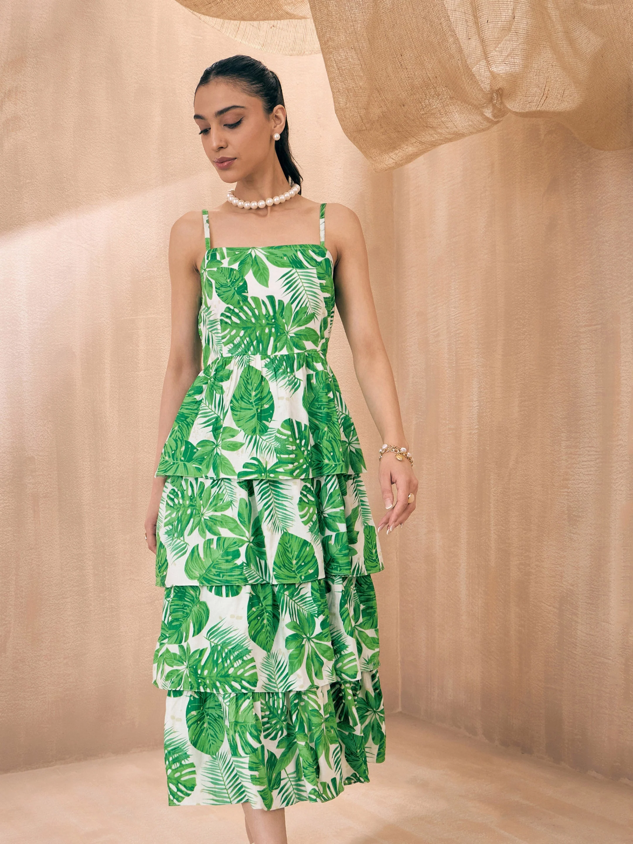 Women Green Leaf Printed Frill Strappy Midi Dress - Image 6