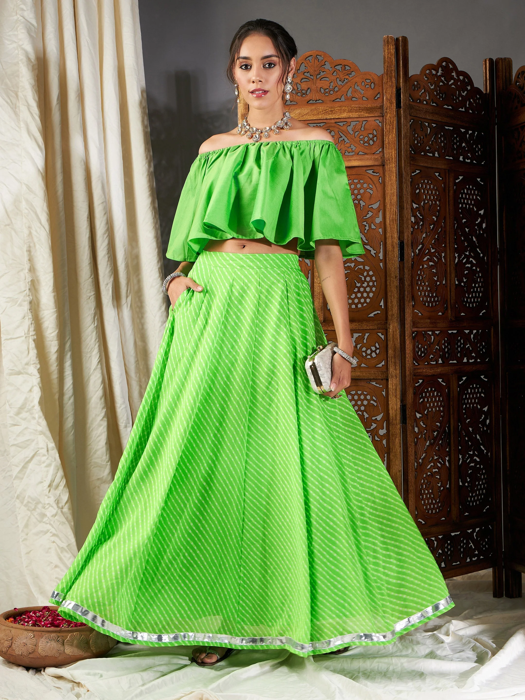 Women Green Lehariya Bardot Crop Top With Anarkali Skirt - Image 2