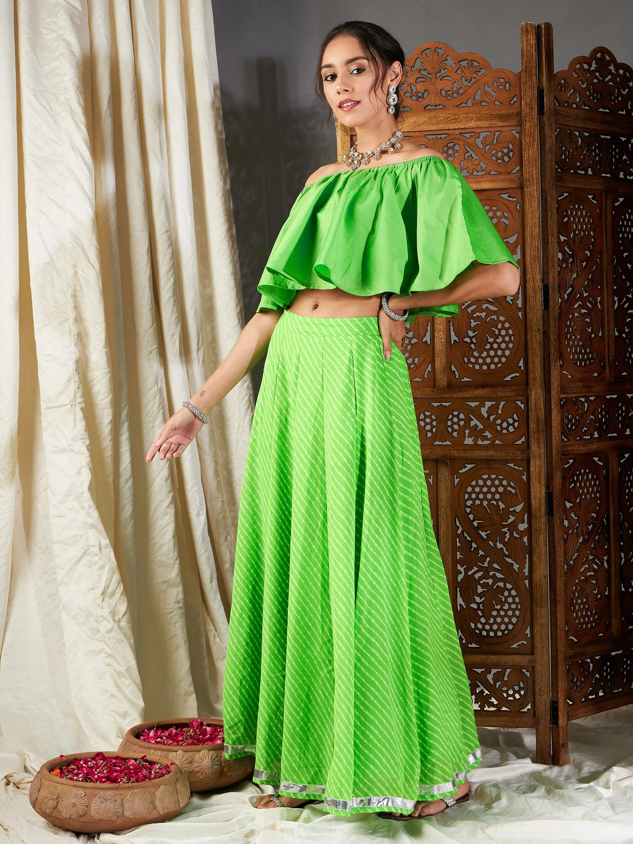 Women Green Lehariya Bardot Crop Top With Anarkali Skirt - Image 3