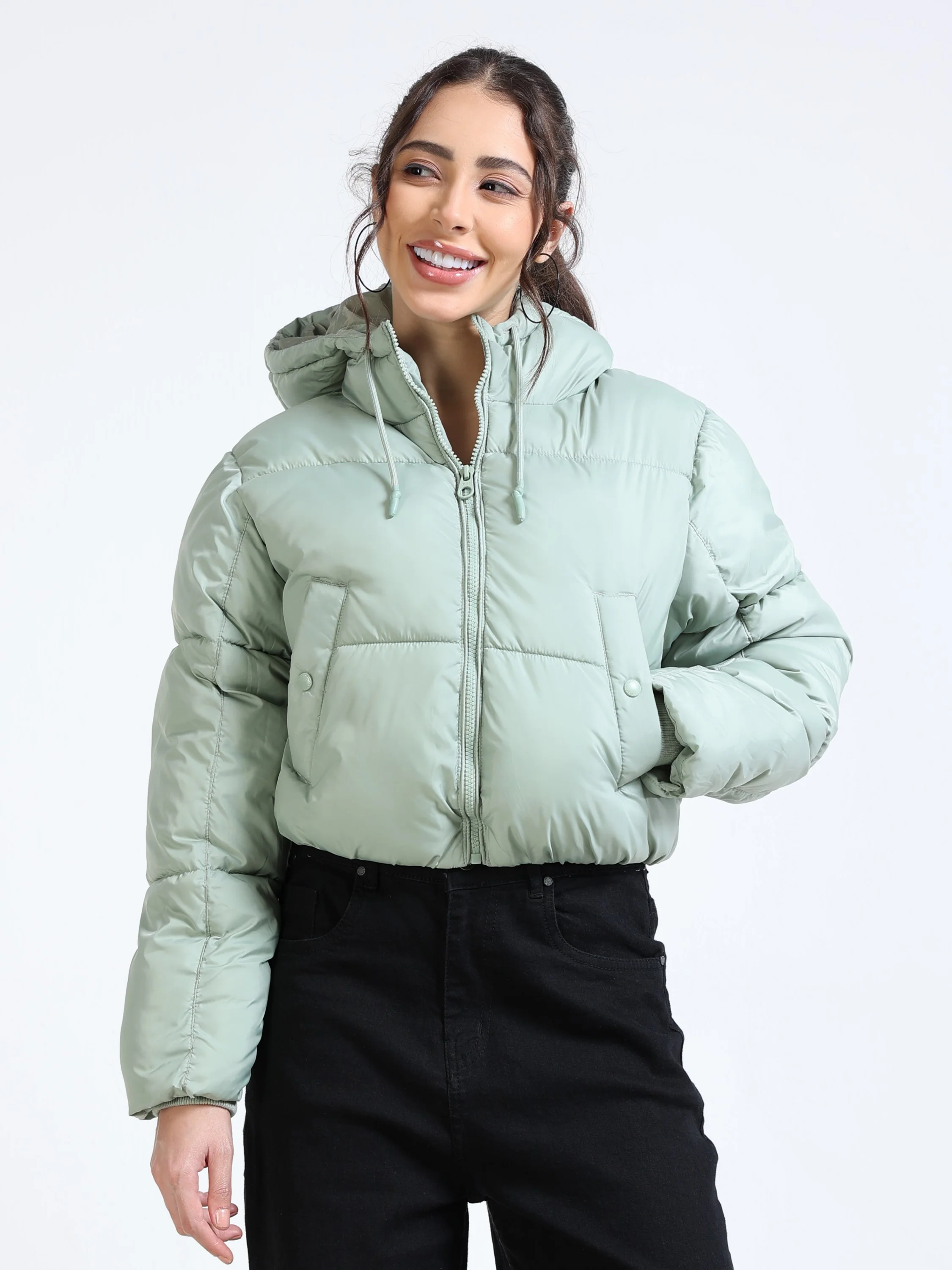 Women Green Hooded Puffer Jacket - Image 3