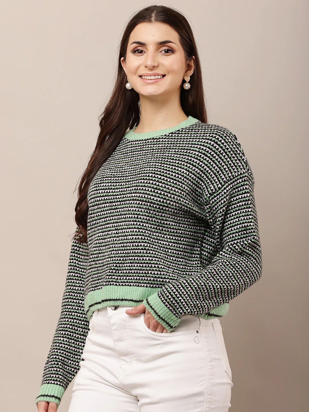 Women Green Loose Round Neck Sweater - Image 2