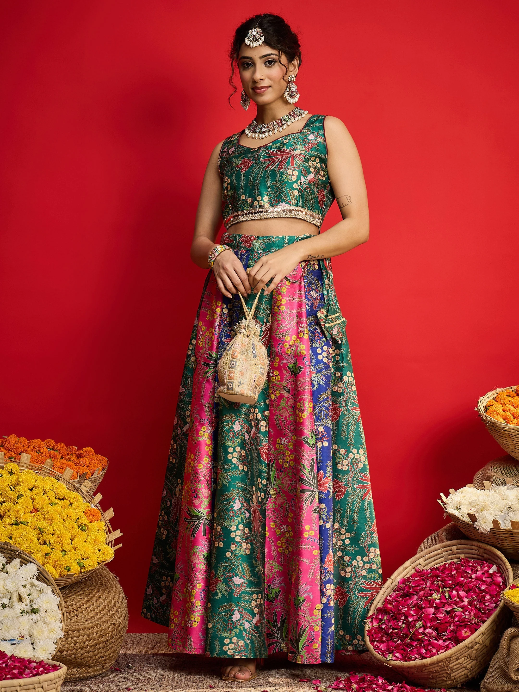 Women Green Multi Floral Anarkali Skirt With Crop Top - Image 2