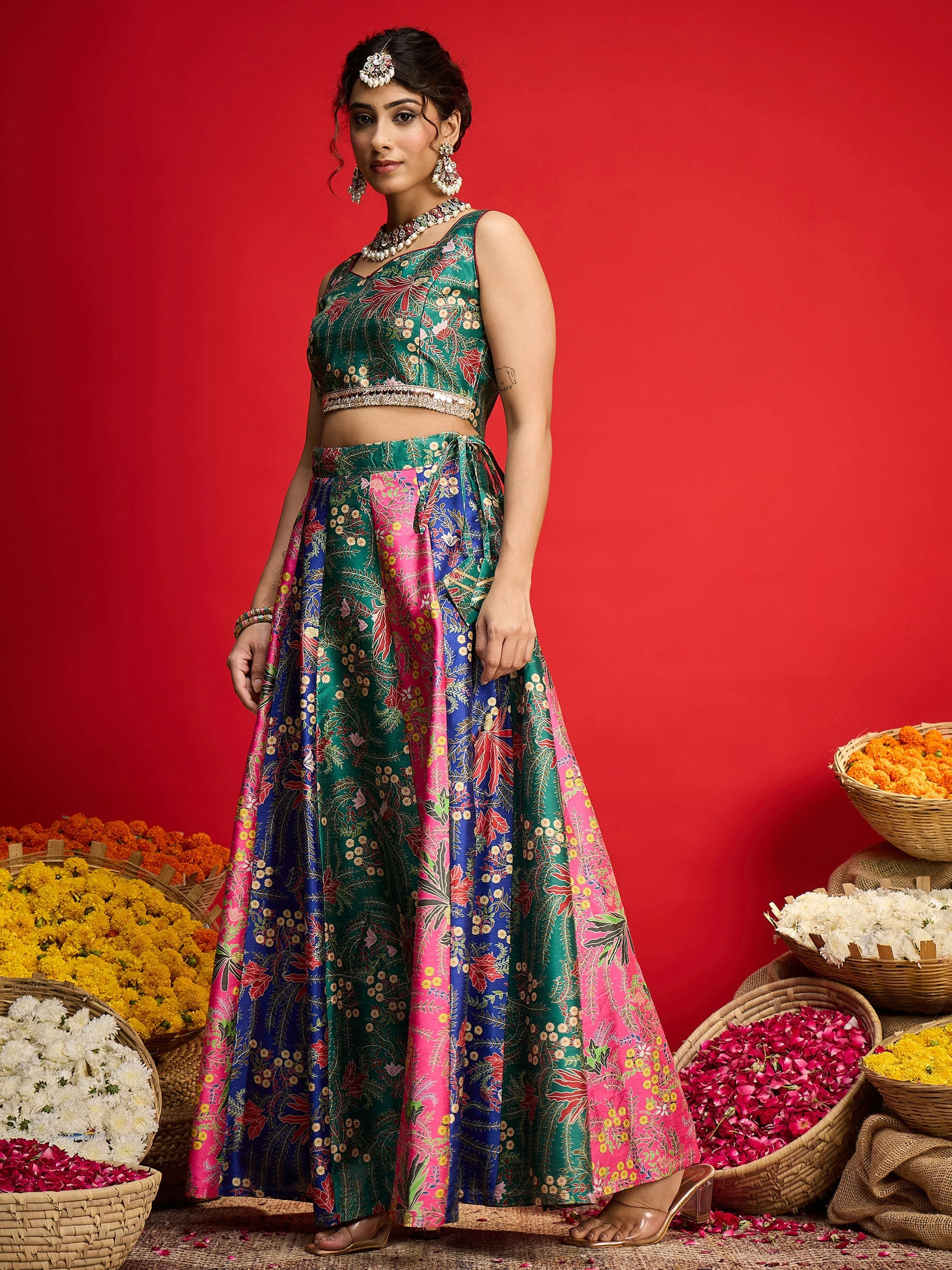 Women Green Multi Floral Anarkali Skirt With Crop Top - Image 3