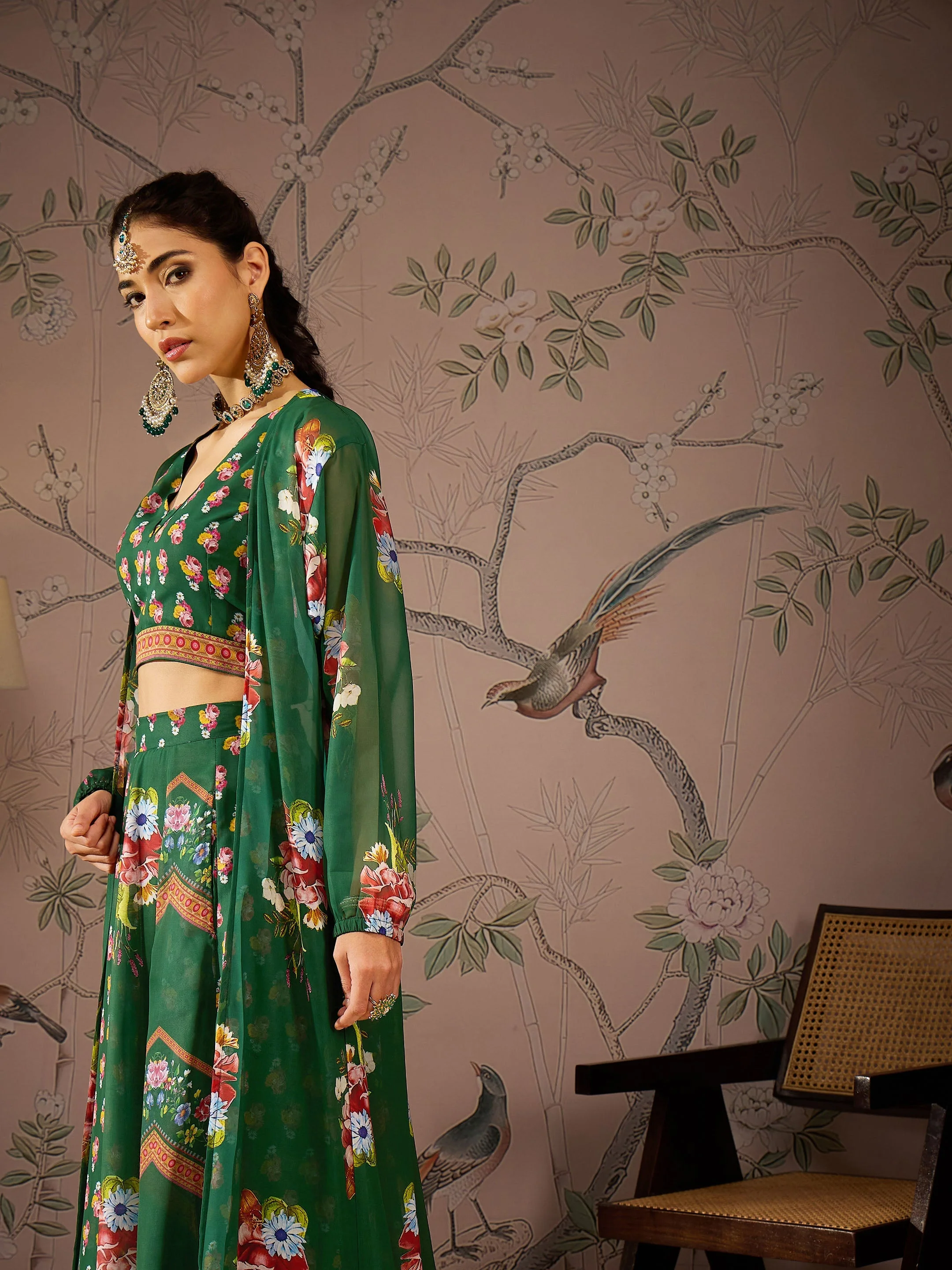 Women Green Multi Floral Crop Top With Anarkali Skirt & Shrug - Image 2
