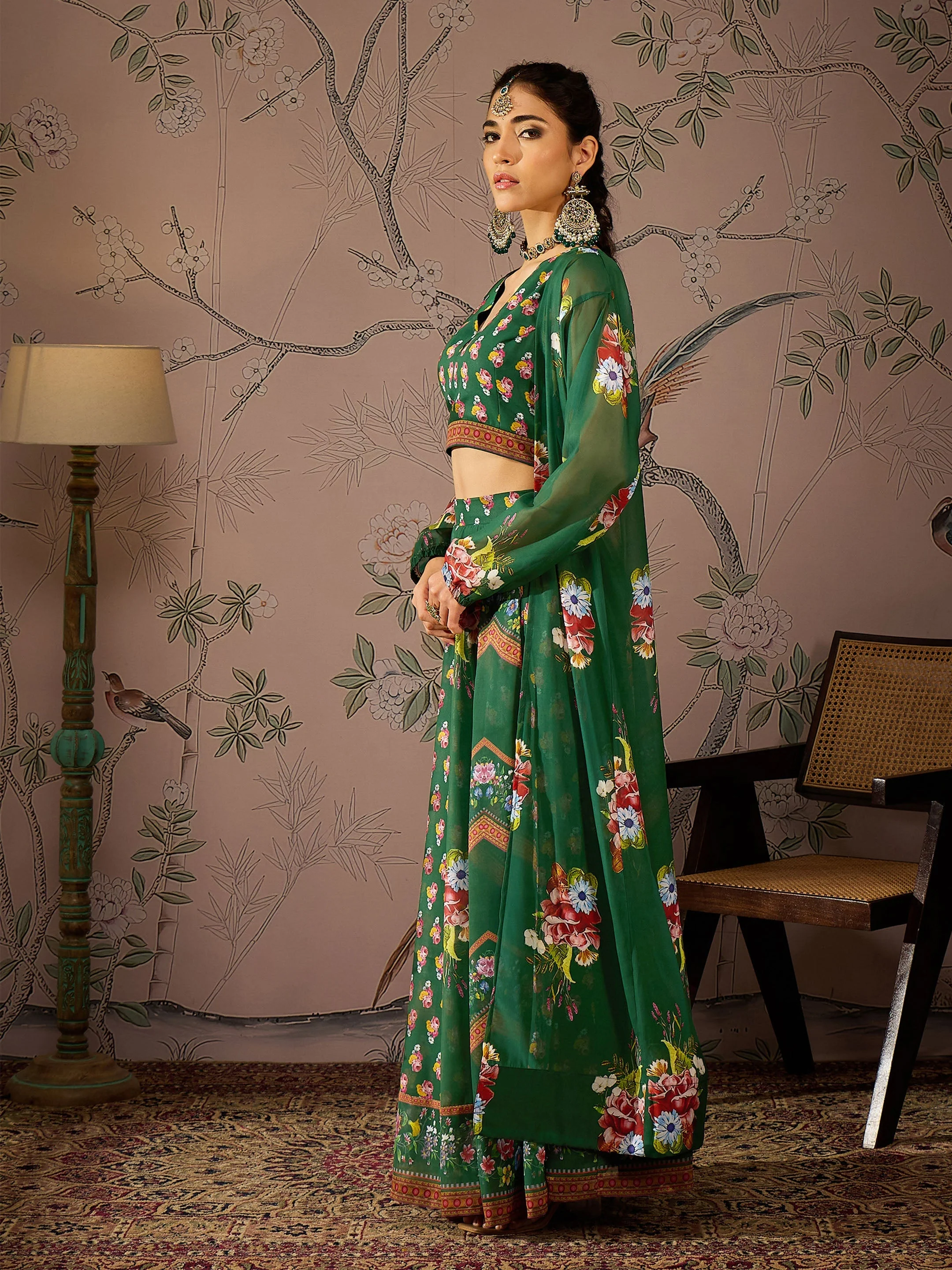 Women Green Multi Floral Crop Top With Anarkali Skirt & Shrug - Image 3