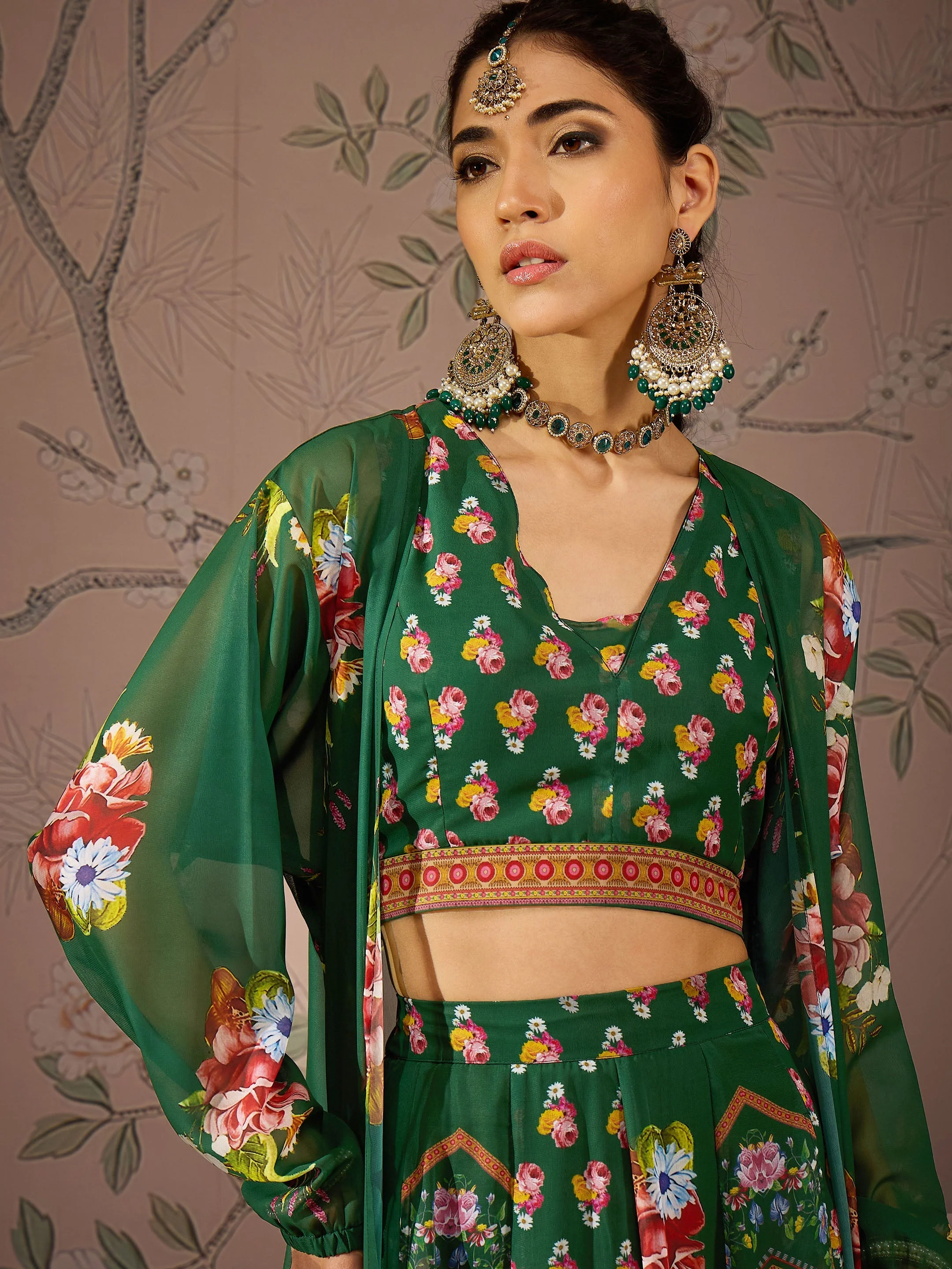 Women Green Multi Floral Crop Top With Anarkali Skirt & Shrug - Image 4