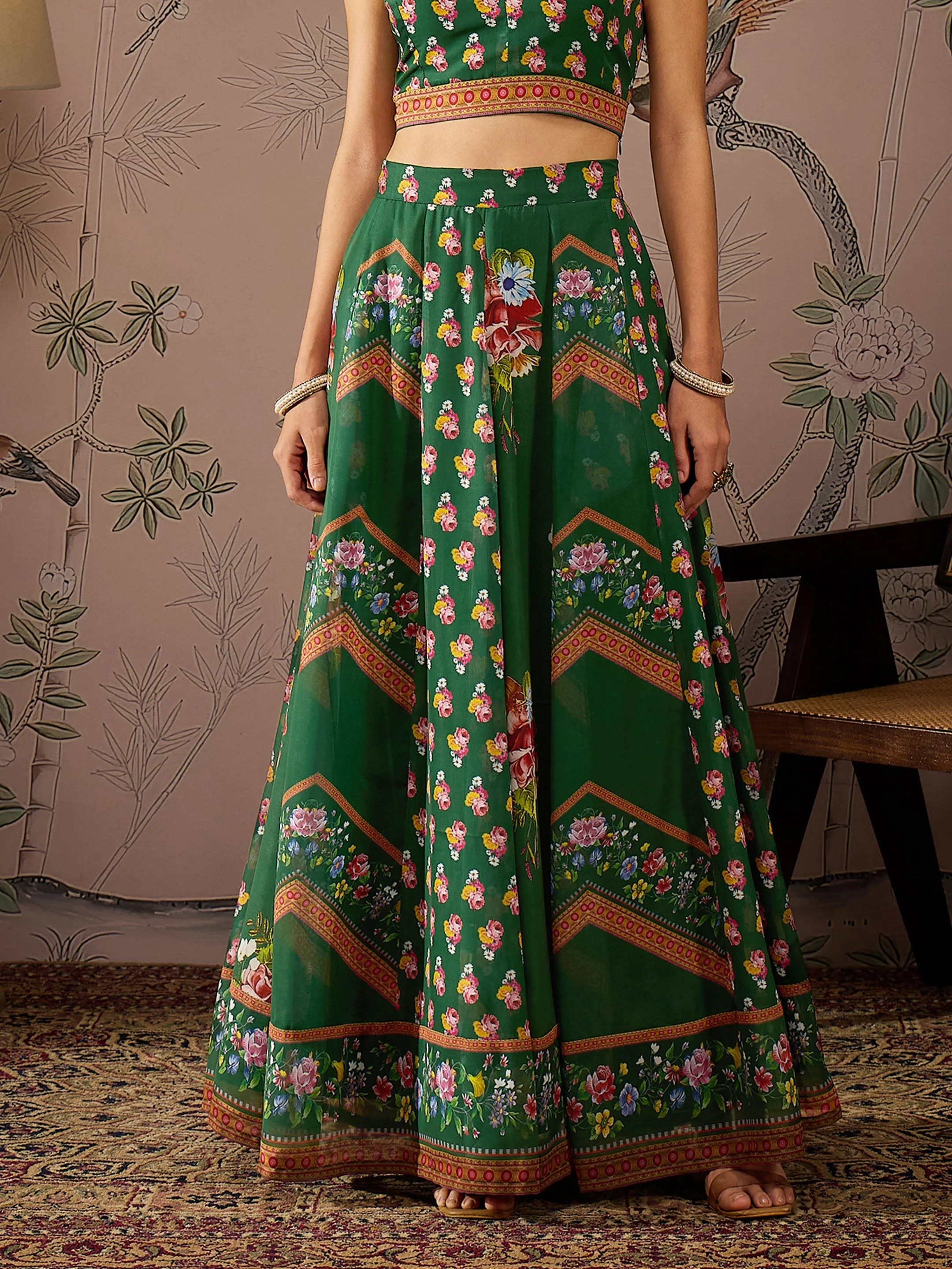 Women Green Multi Floral Crop Top With Anarkali Skirt & Shrug - Image 5
