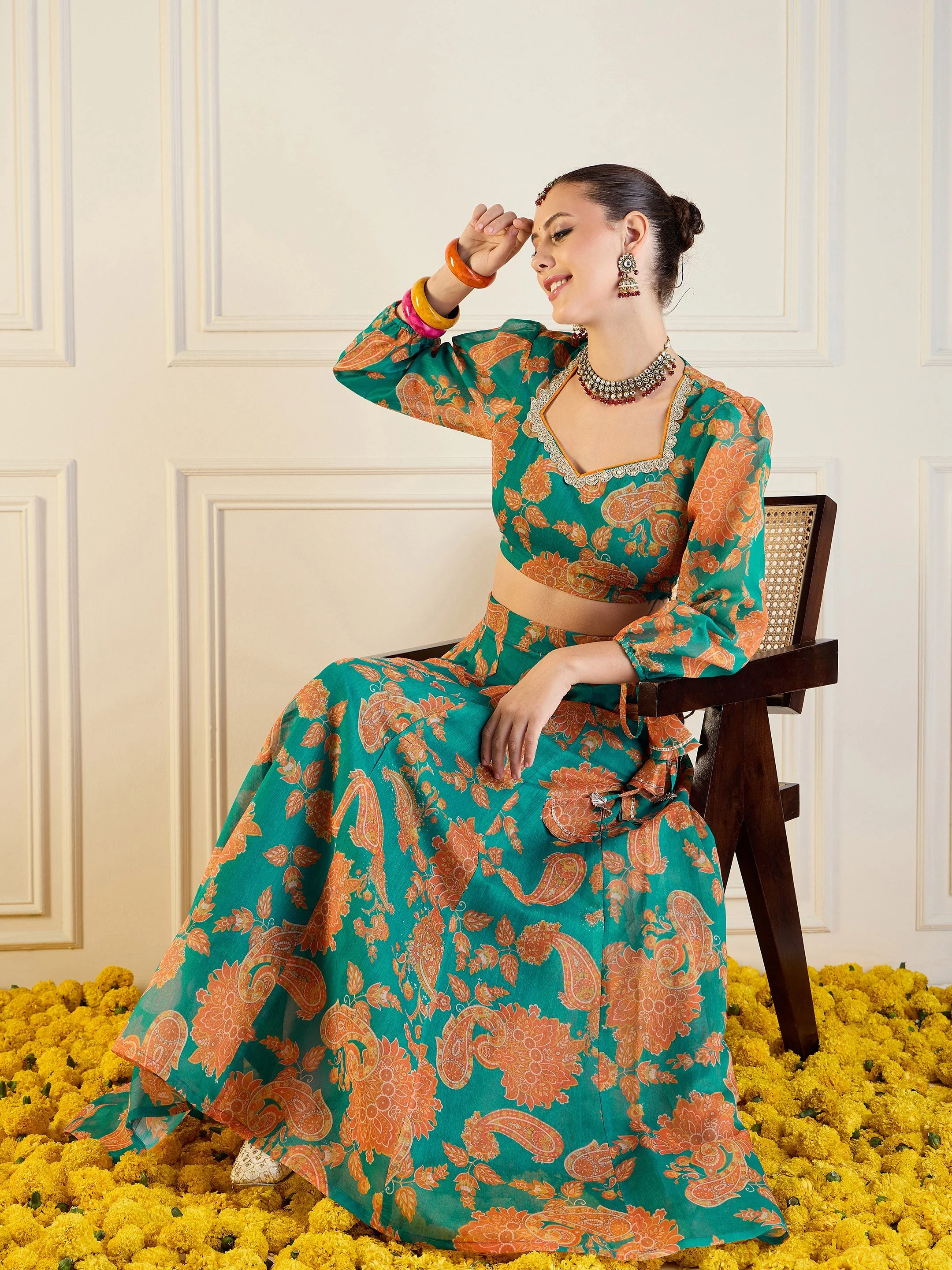 Women Green & Mustard Floral Anarkali Skirt With Crop Top - Image 2