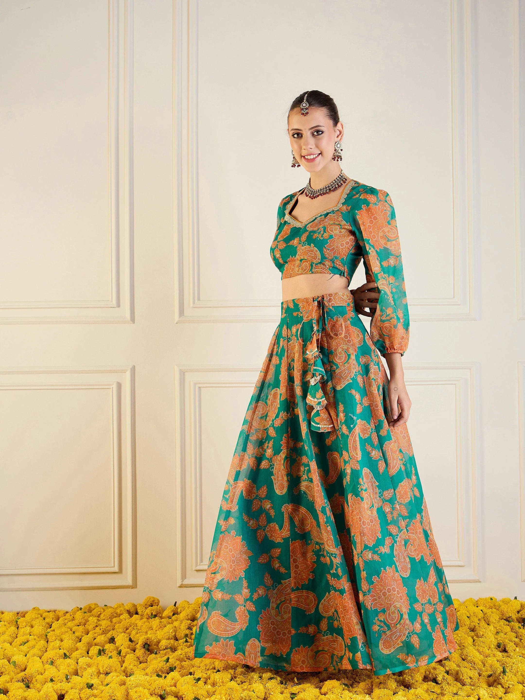 Women Green & Mustard Floral Anarkali Skirt With Crop Top - Image 3