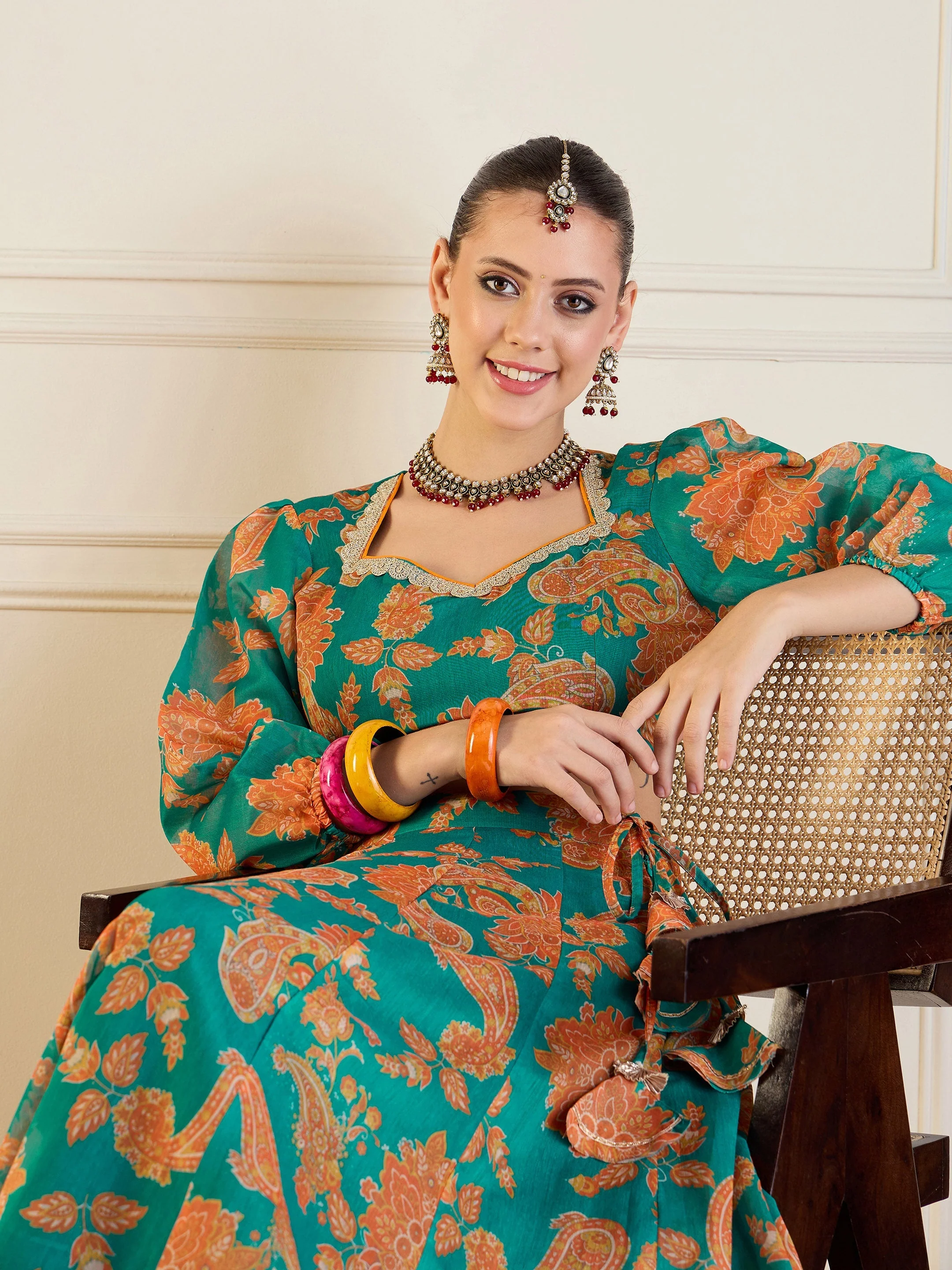 Women Green & Mustard Floral Anarkali Skirt With Crop Top - Image 4