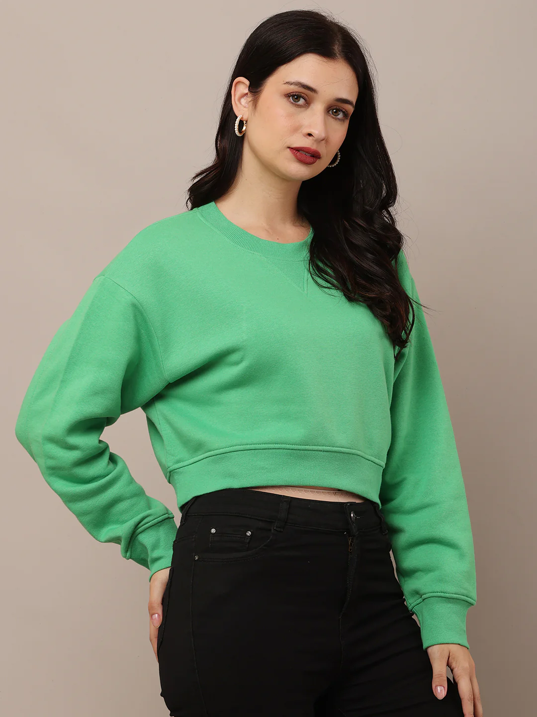 Women Green Neck Crop Sweatshirt - Image 2