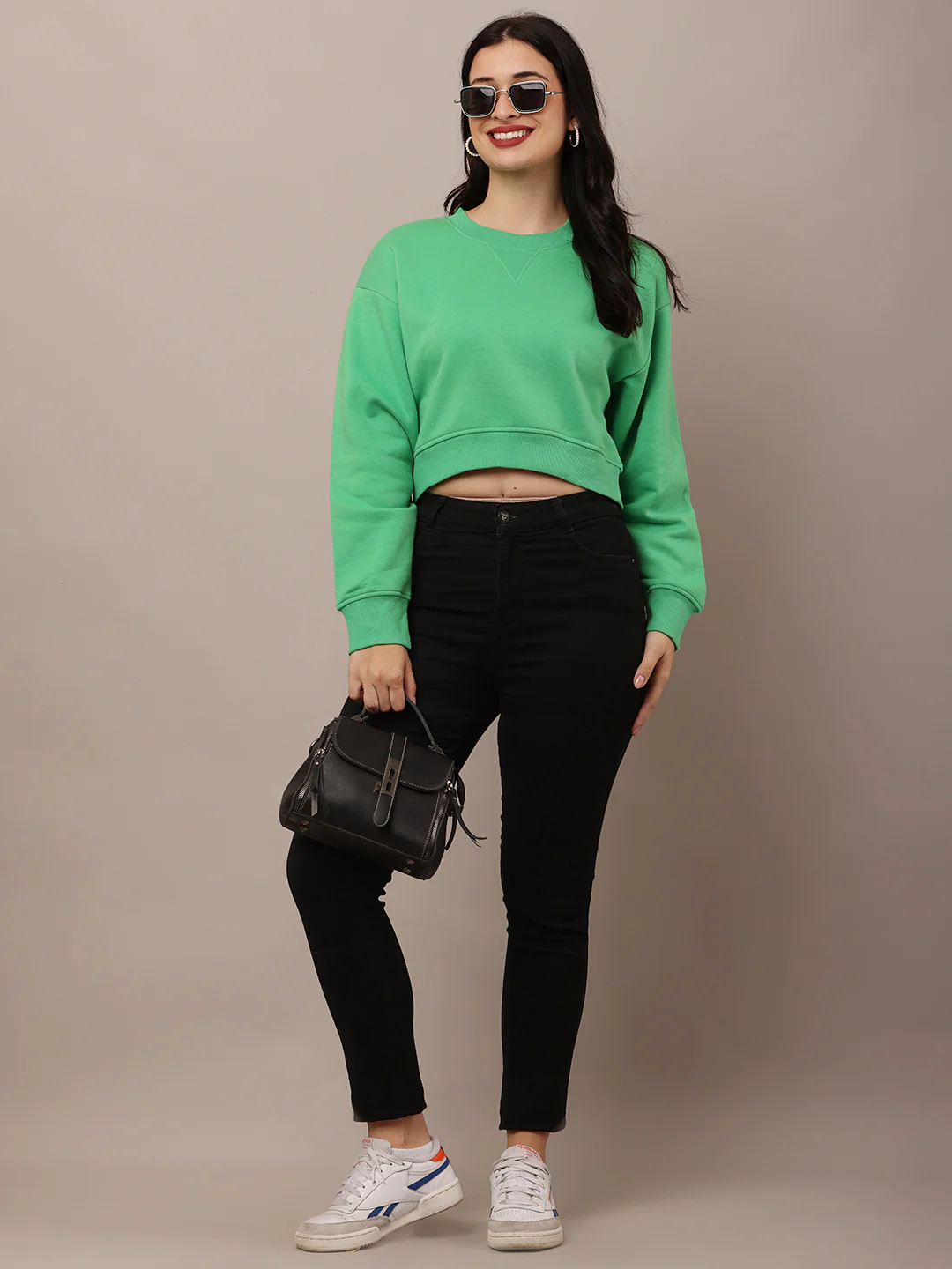 Women Green Neck Crop Sweatshirt - Image 3