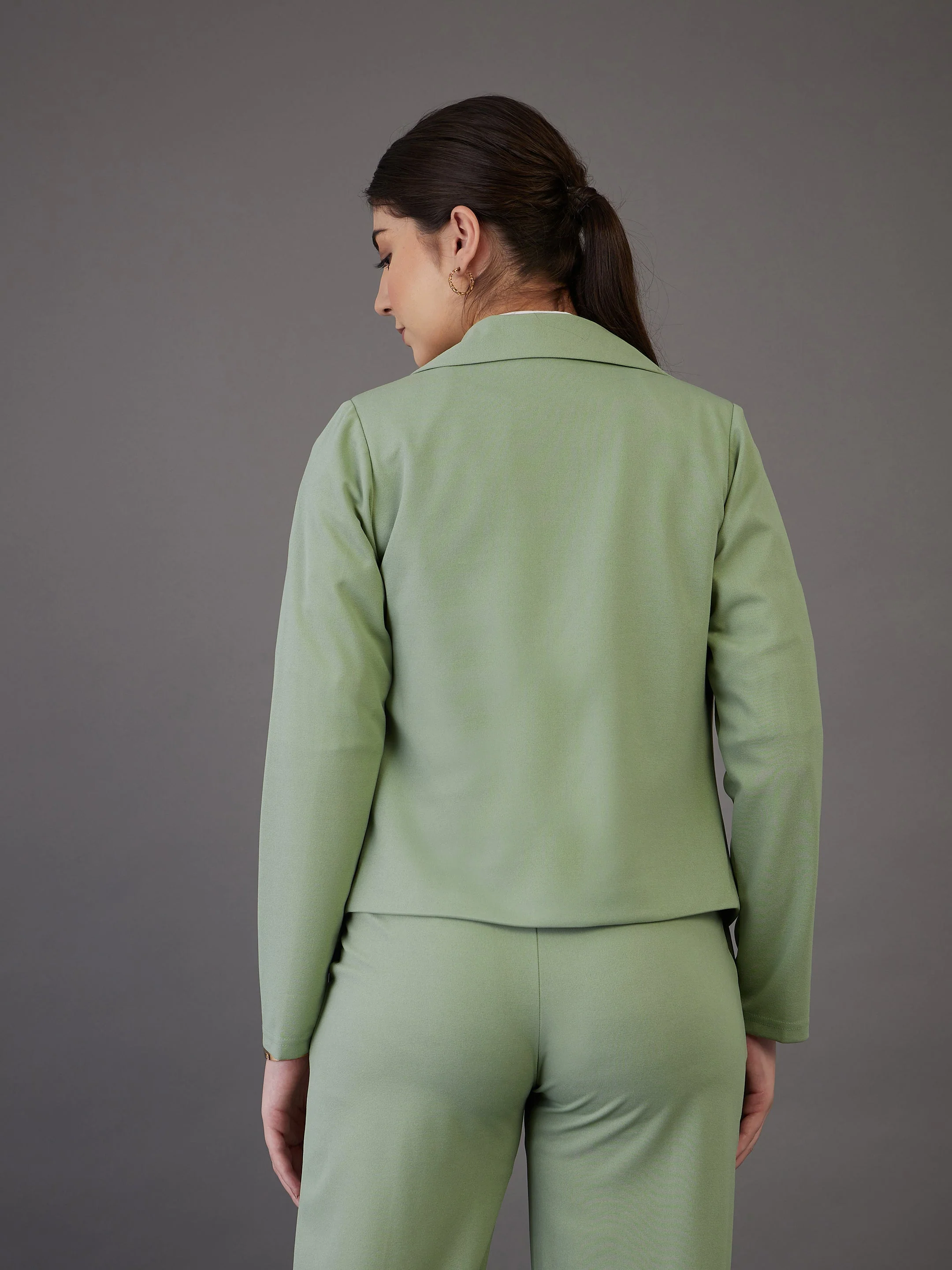 Women Green Notch Collar Single-Breasted Blazer - Image 5