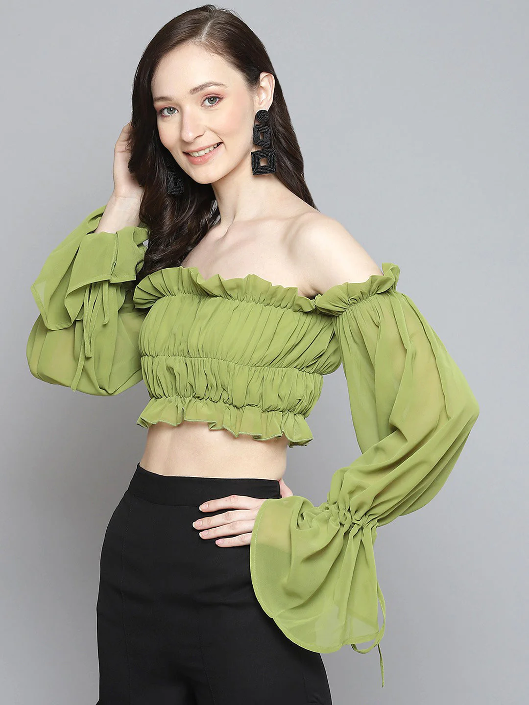 Women Green Off Shoulder Ruched Crop Top - Image 2
