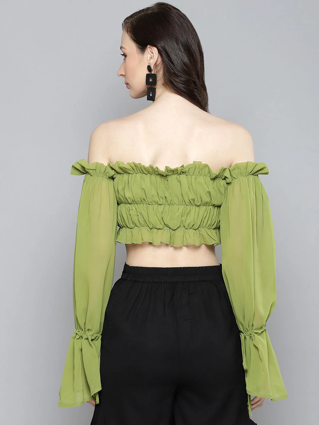 Women Green Off Shoulder Ruched Crop Top - Image 3