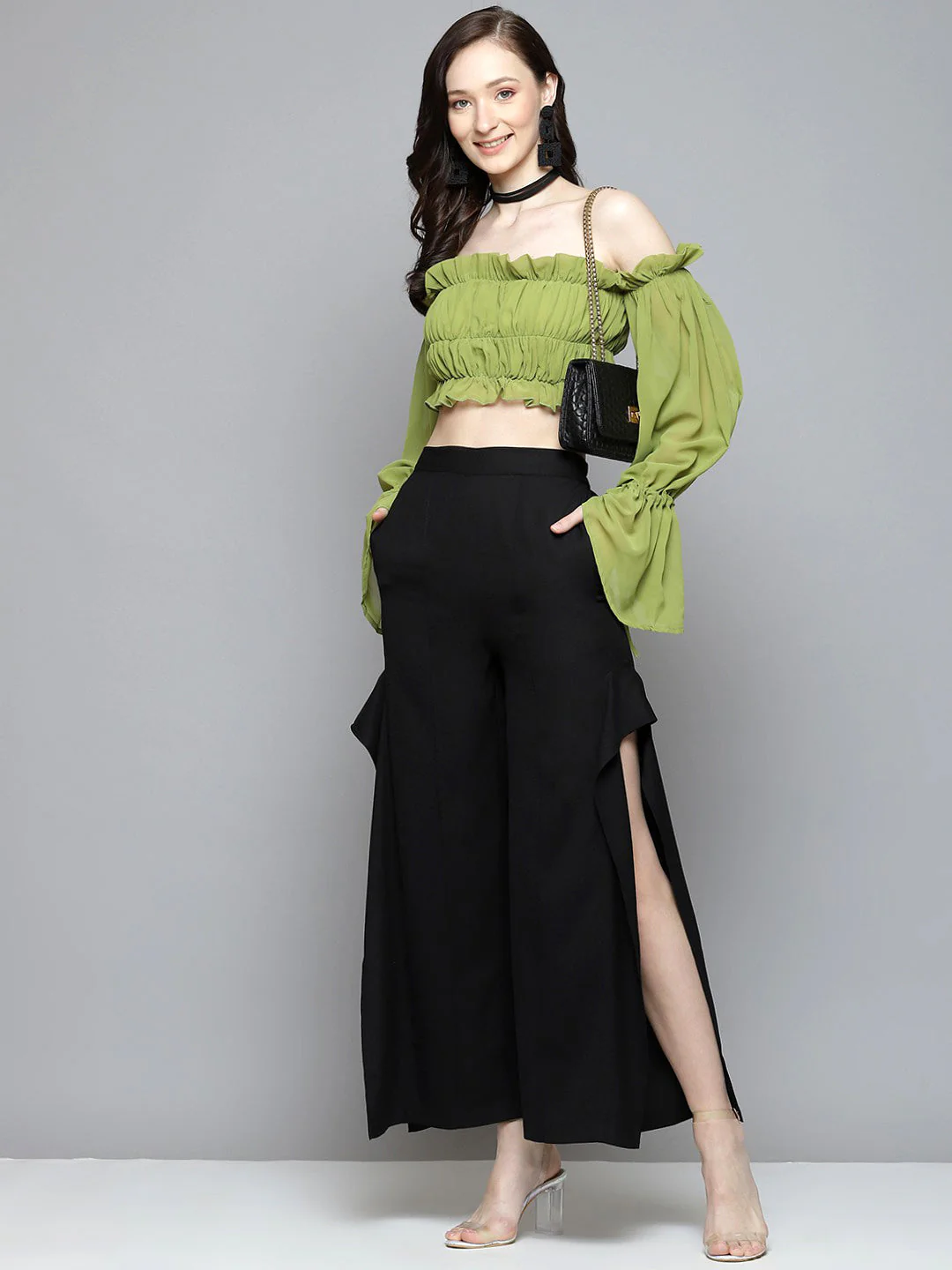 Women Green Off Shoulder Ruched Crop Top - Image 4