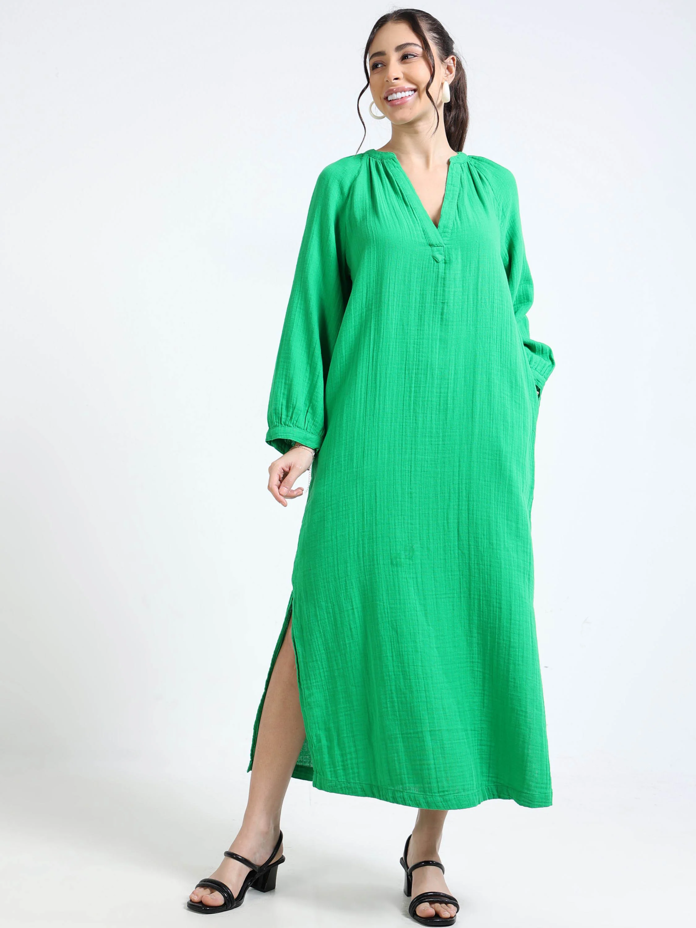 Women Green Oversized Gauze Dress - Image 2
