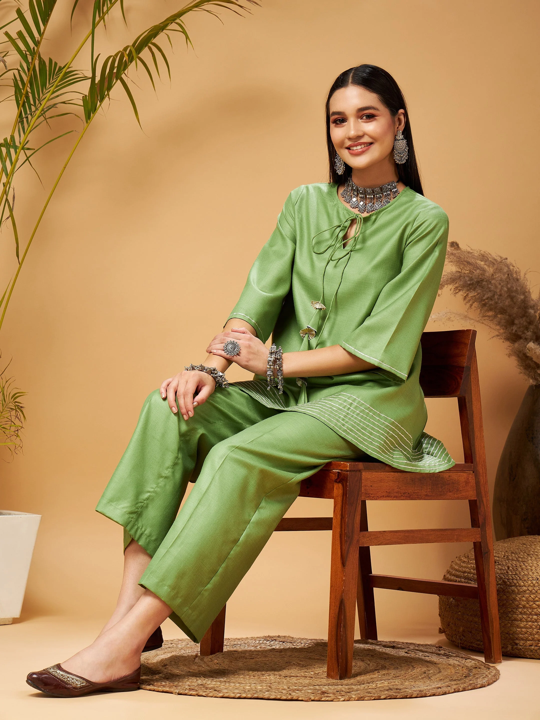 Women Green Peplum Gota Lace Top With Palazzos - Image 2