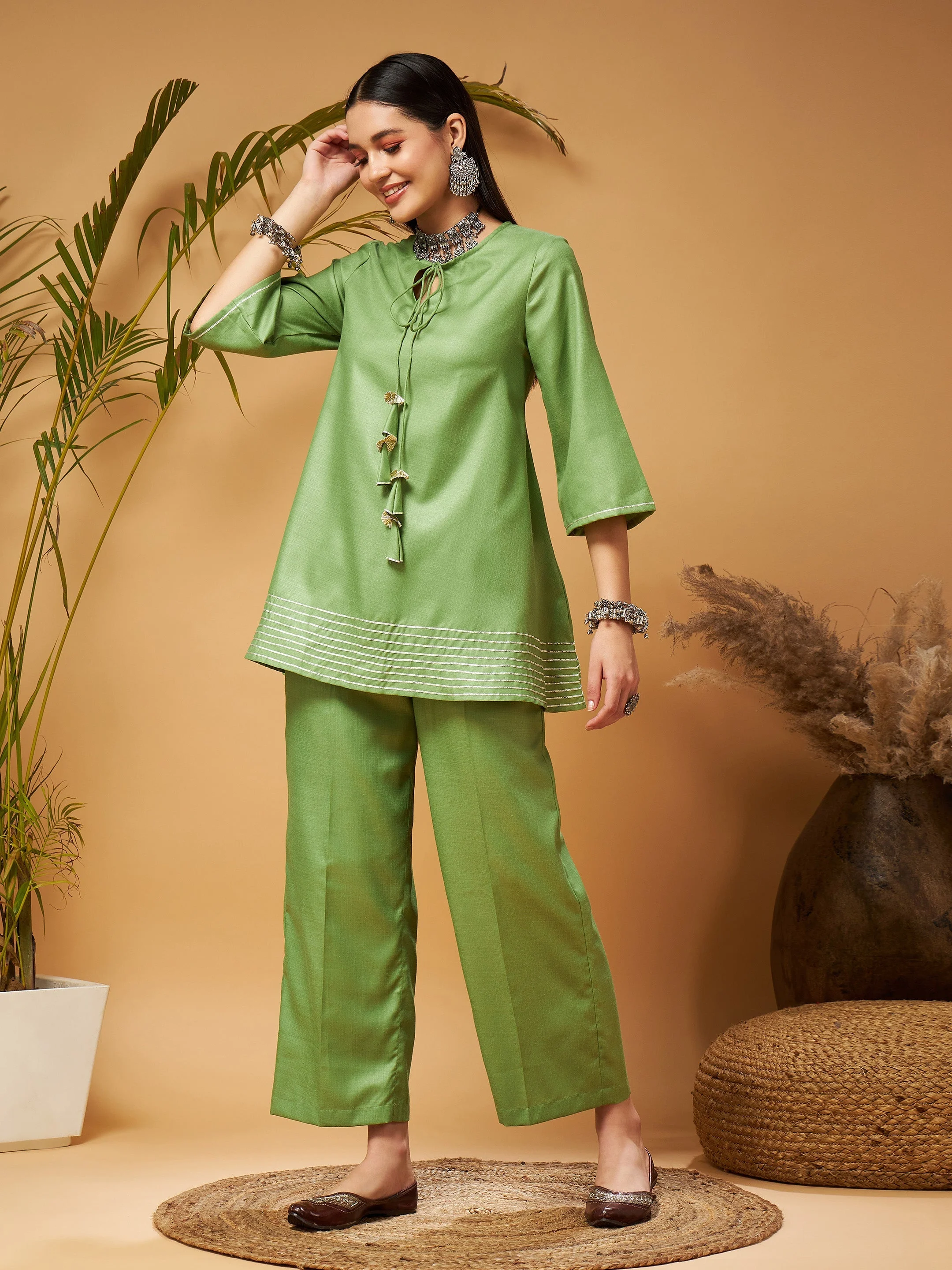 Women Green Peplum Gota Lace Top With Palazzos - Image 3